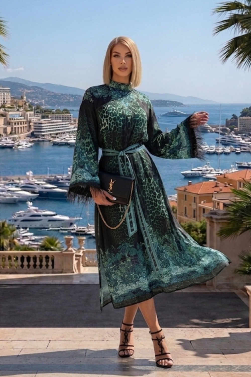 Caftan en satin de viscose avec plumes - Leo vert néon