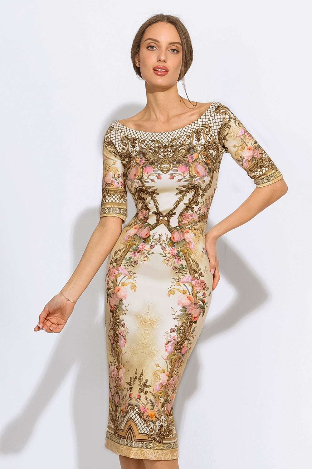 OPEN SHOULDERS DRESS - BAROQUE FLOWERS JIORO ВТАЛЕНА РОКЛЯ С ОТВОРЕНО ДЕКОЛТЕ - БАРОК С ФЛОРАЛЕН МОТИВ JIORO