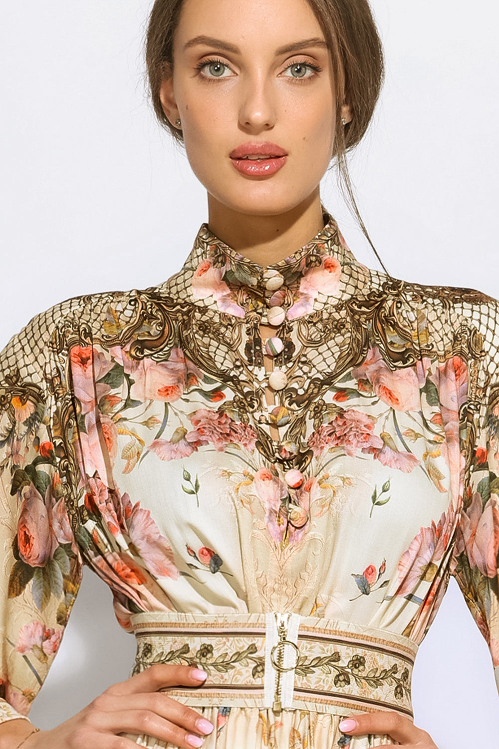 BOHO LONG-SLEEVE VISCOSE DRESS - BAROQUE FLOWERS