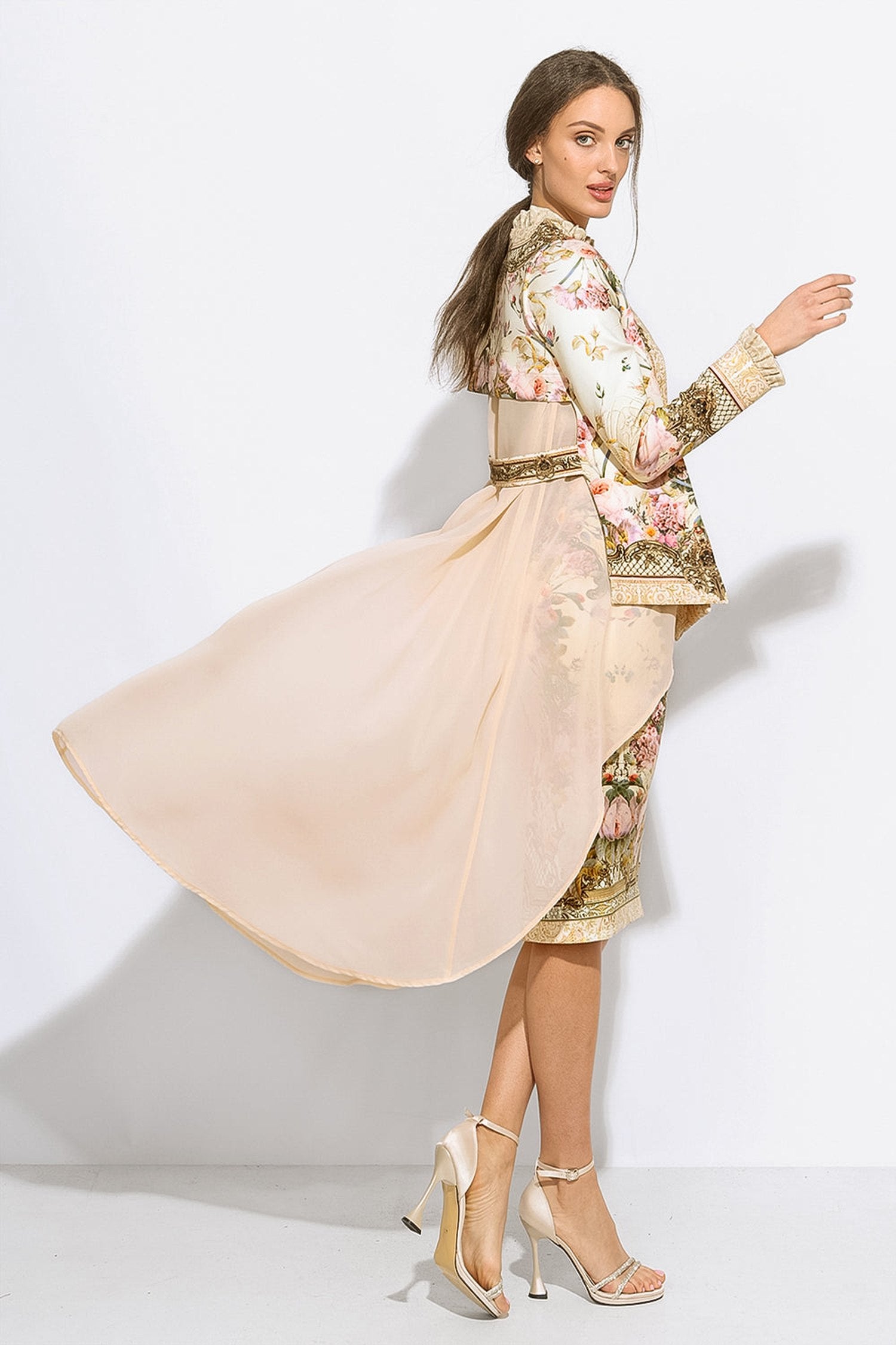 ELEGANT PRINTED CARDIGAN WITH CHIFFON BACK - BAROQUE FLOWERS
