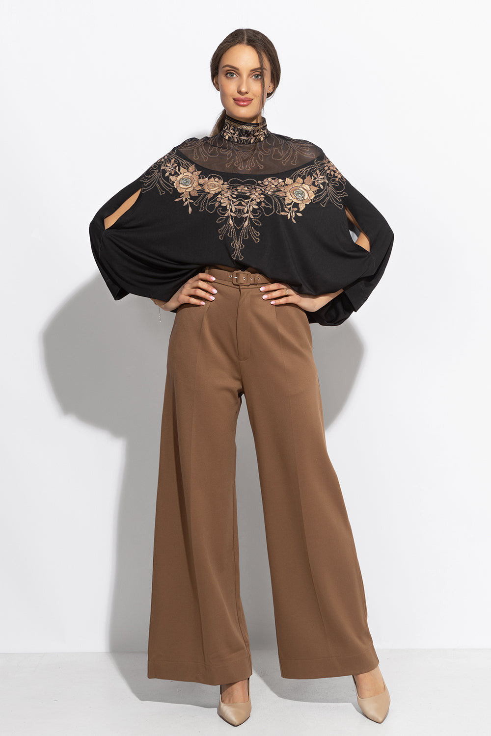 VISCOSE BLEND HIGH-WAISTED BEIGE TROUSERS - ESSENTIALS