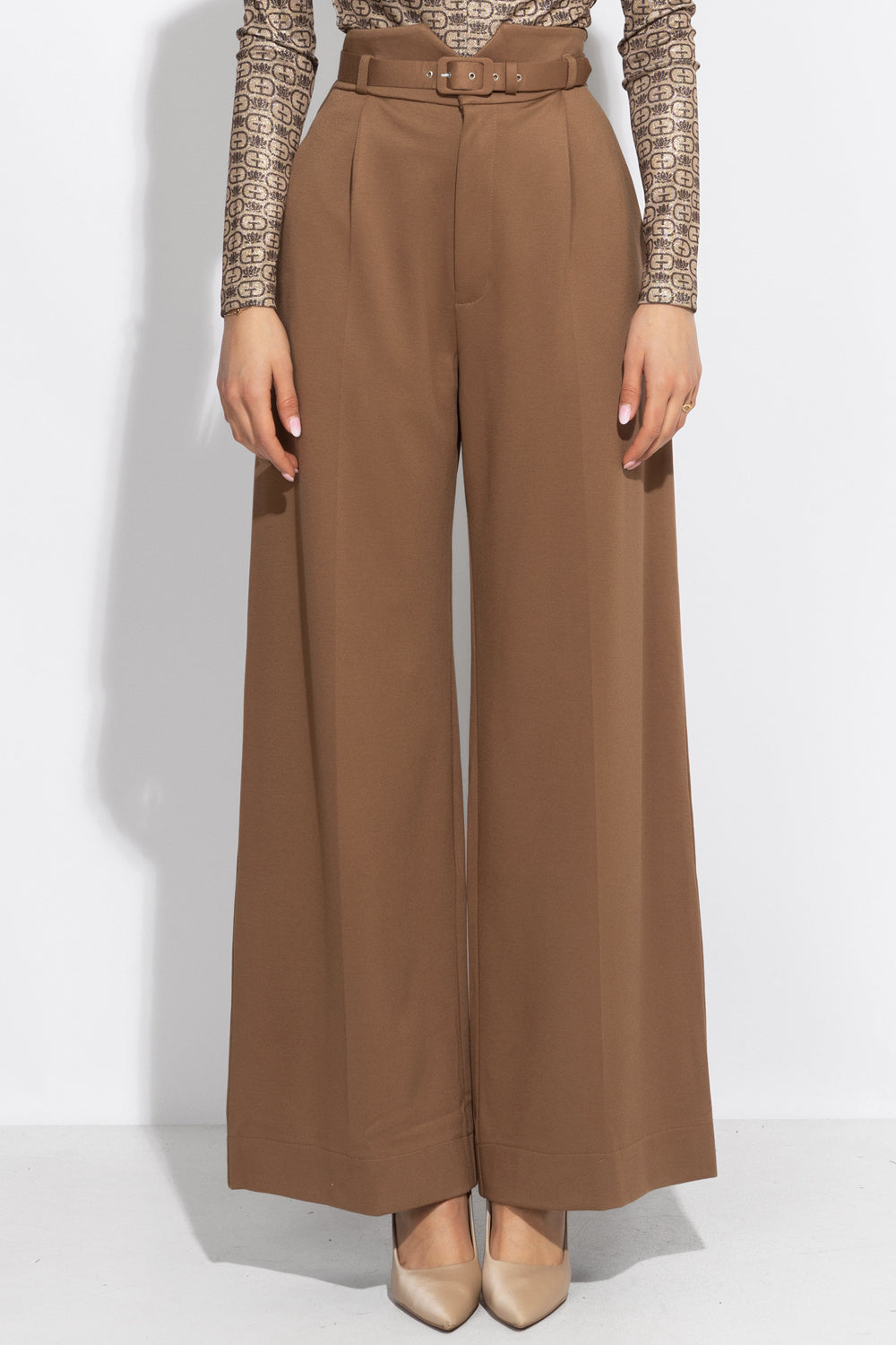 VISCOSE BLEND HIGH-WAISTED BEIGE TROUSERS - ESSENTIALS