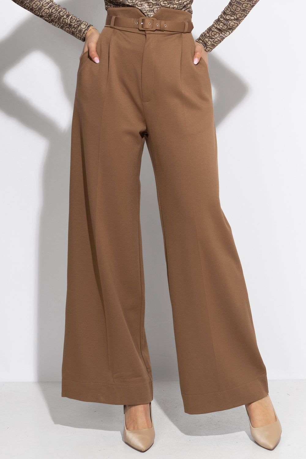 VISCOSE BLEND HIGH-WAISTED BEIGE TROUSERS - ESSENTIALS
