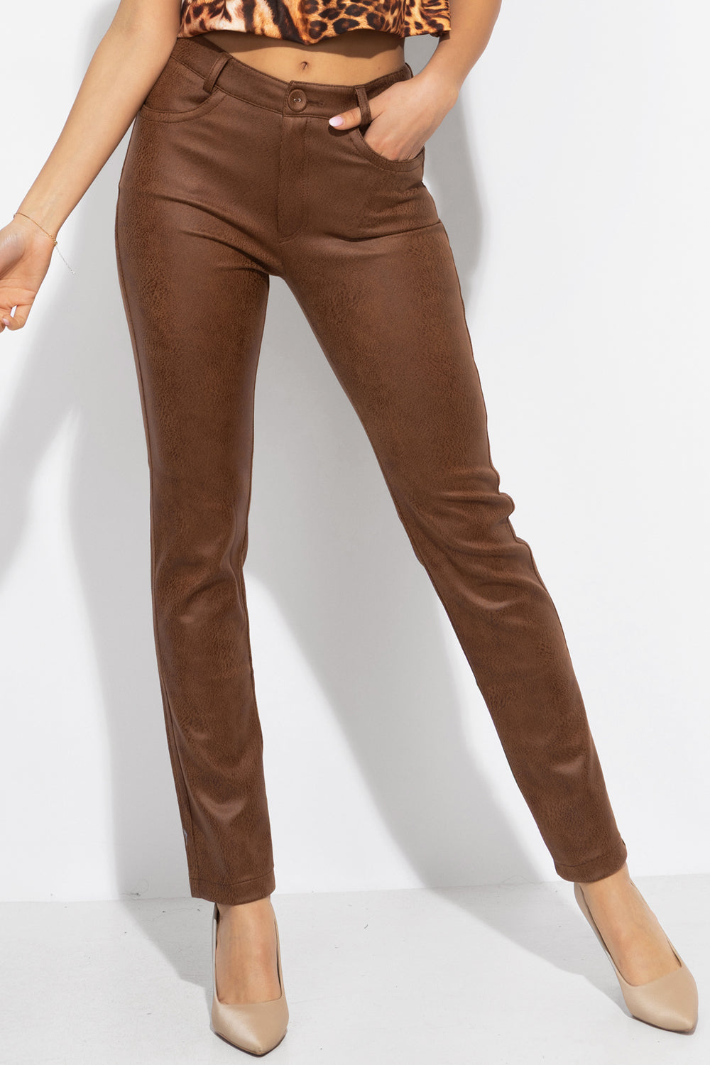 Pantalon slim taille haute marron - essentiels