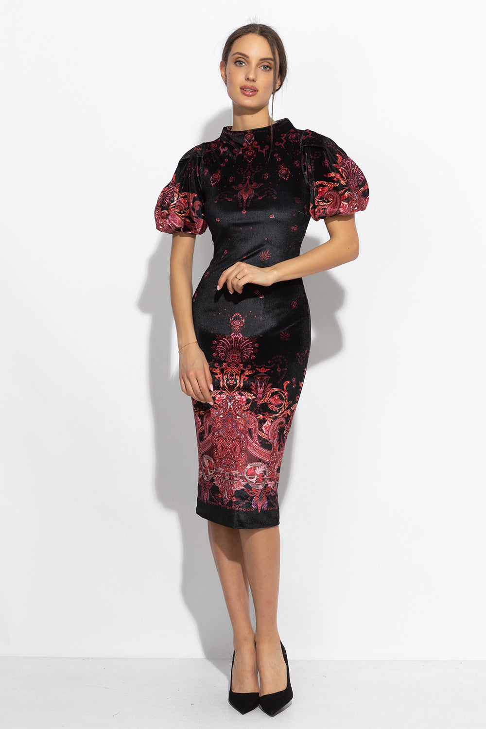 FITTED VELVET DRESS WITH HIGH NECK - PAISLEY DARK JIORO ВТАЛЕНА РОКЛЯ ОТ КАДИФЕ С ВИСОКА ЯКА - PAISLEY DARK JIORO