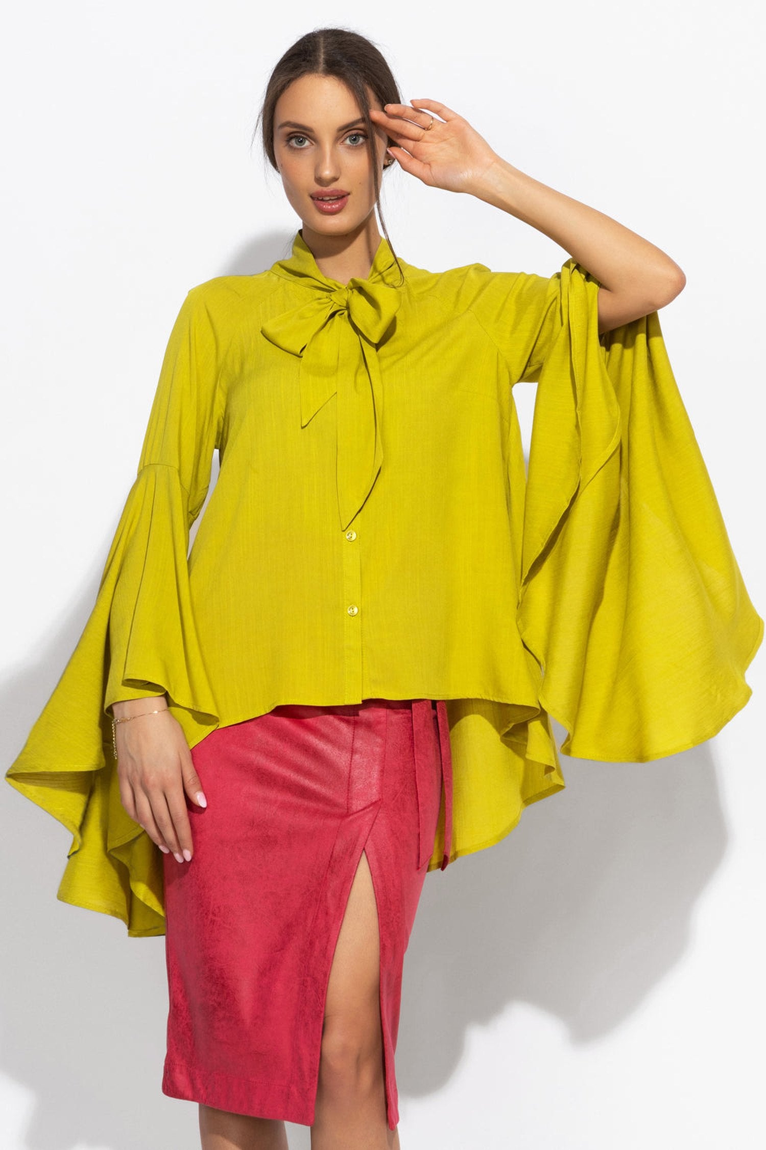 YELLOW ORCHE VISCOSE BLOUSE WITH FLARED SLEEVES - ESSENTIALS JIORO РИЗА ОТ ЗЕЛЕНА ВИСКОЗА С КЛОШ РЪКАВИ - ESSENTIALS JIORO
