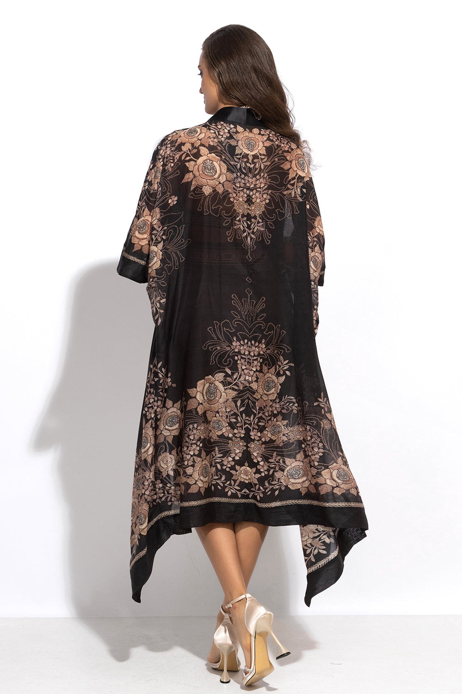 Kimono en coton de soie - Roses dorées