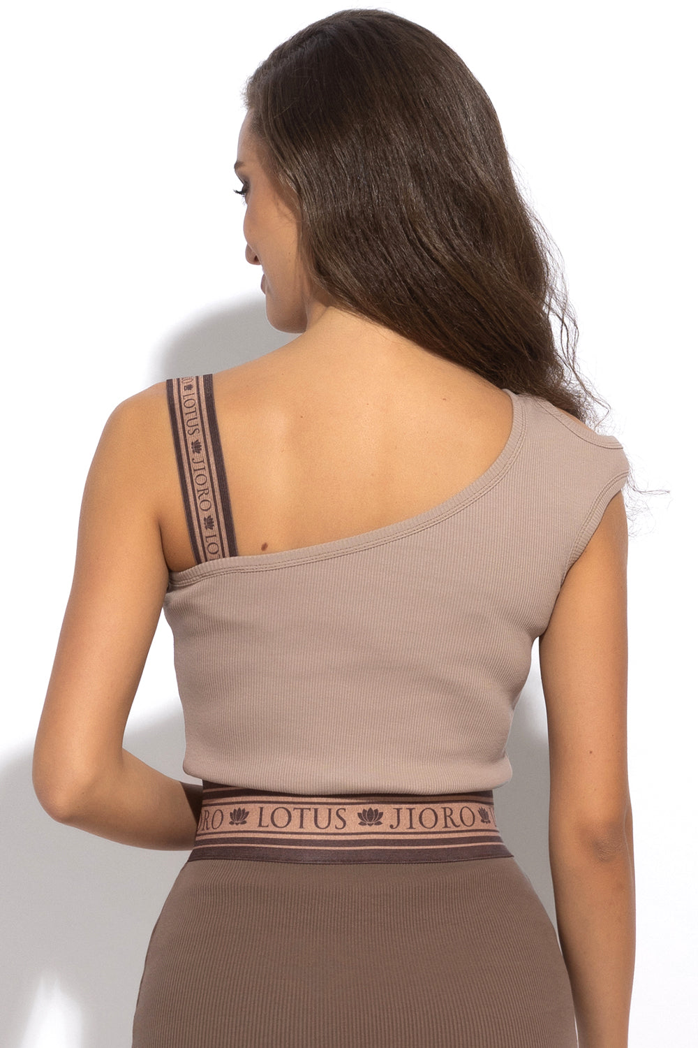 Débardeur côtelé asymétrique beige avec bretelle élastique - logo Mocha Mousse