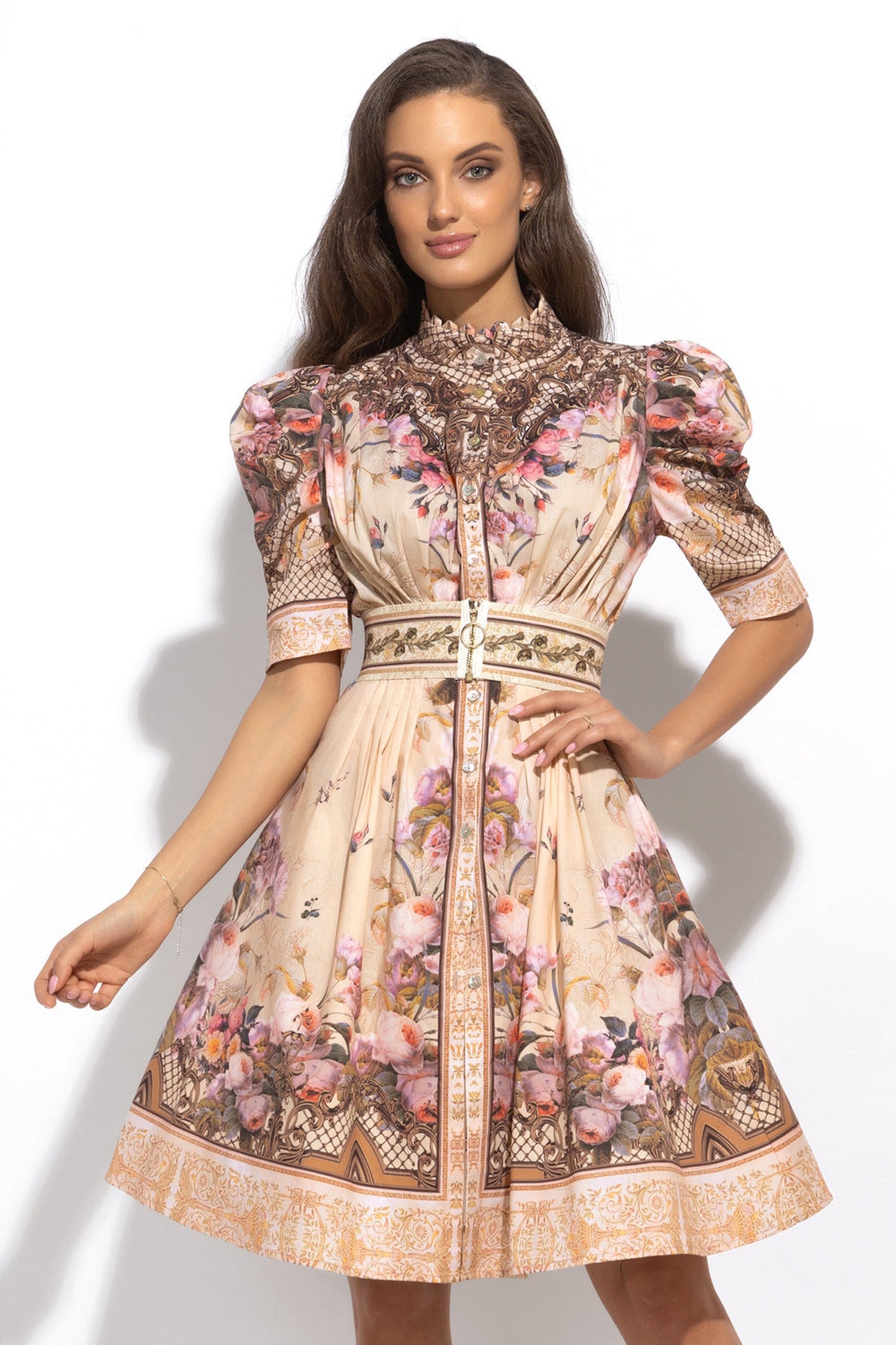 ROBE EN POPLINE AVEC MANCHES BOUFFANTES - FLEURS BAROQUES