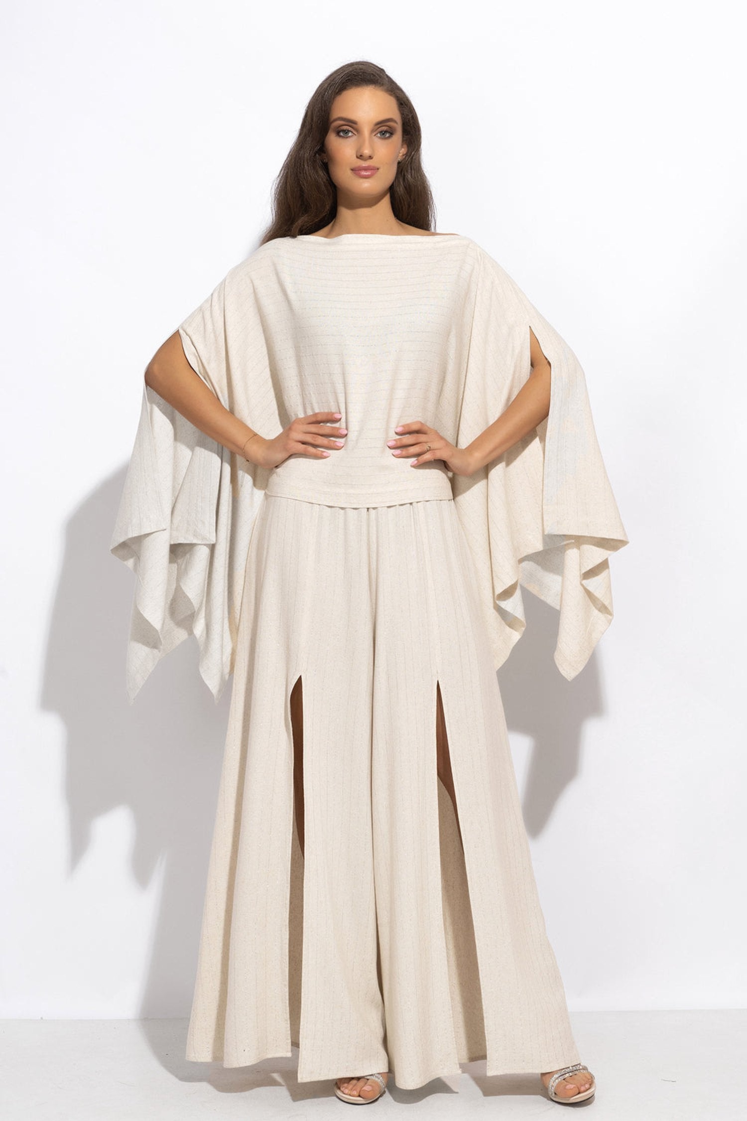 RELAXED VISCOSE-LINEN TUNIC WITH SIDE SLITS IN ECRU STRIPED - ESSENTIALS