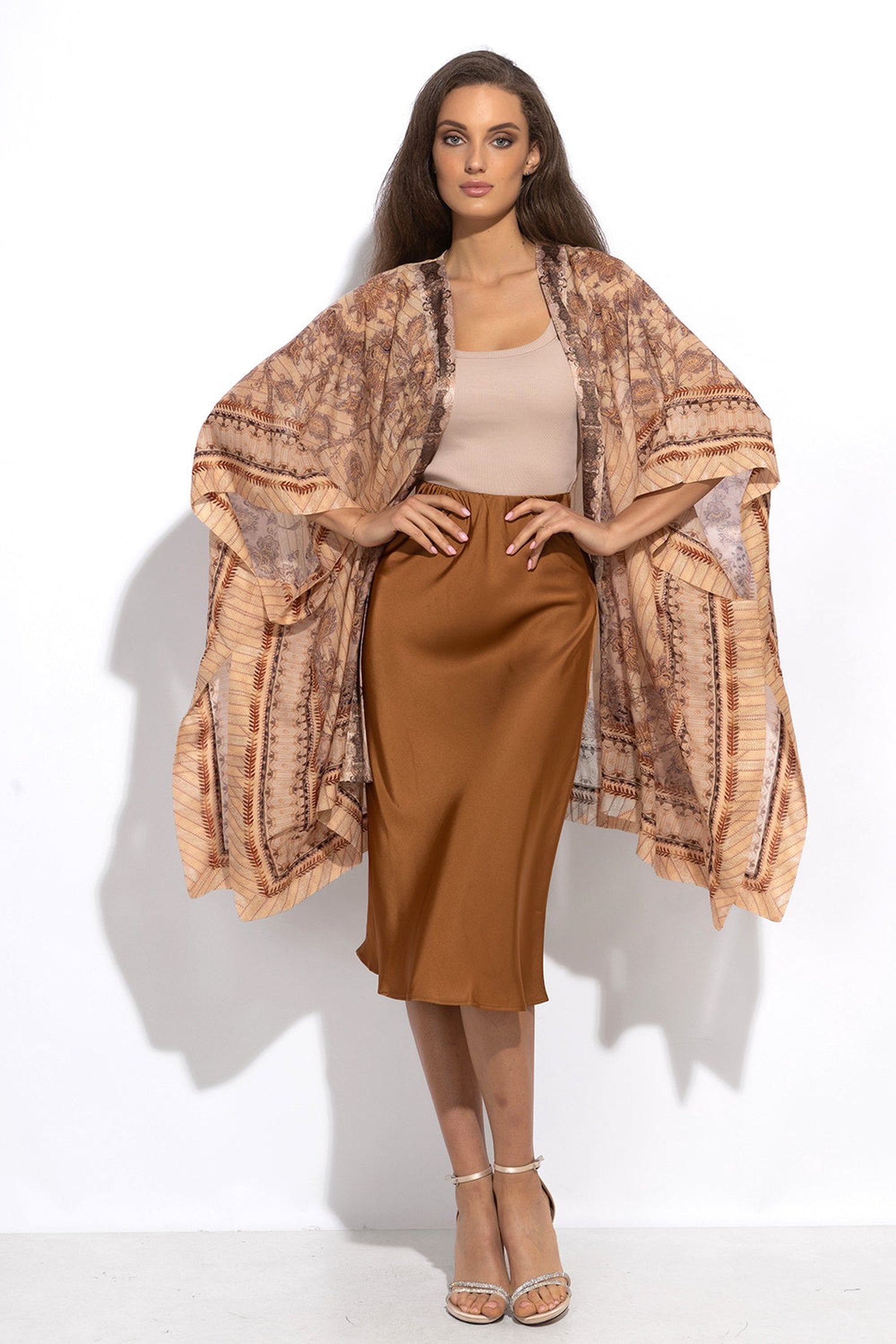 Robe kimono en coton de soie - Léopard beige