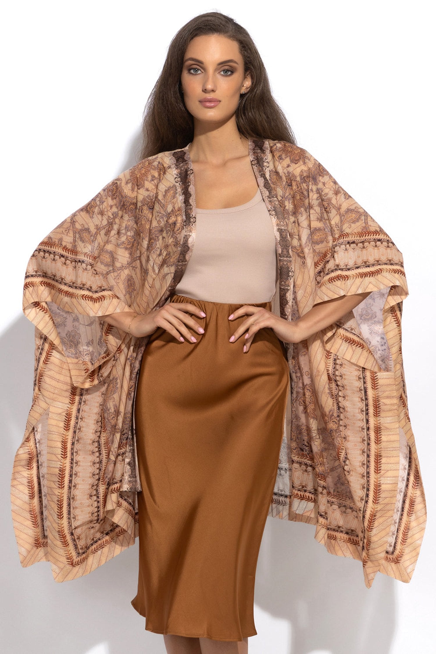 Robe kimono en coton de soie - Léopard beige