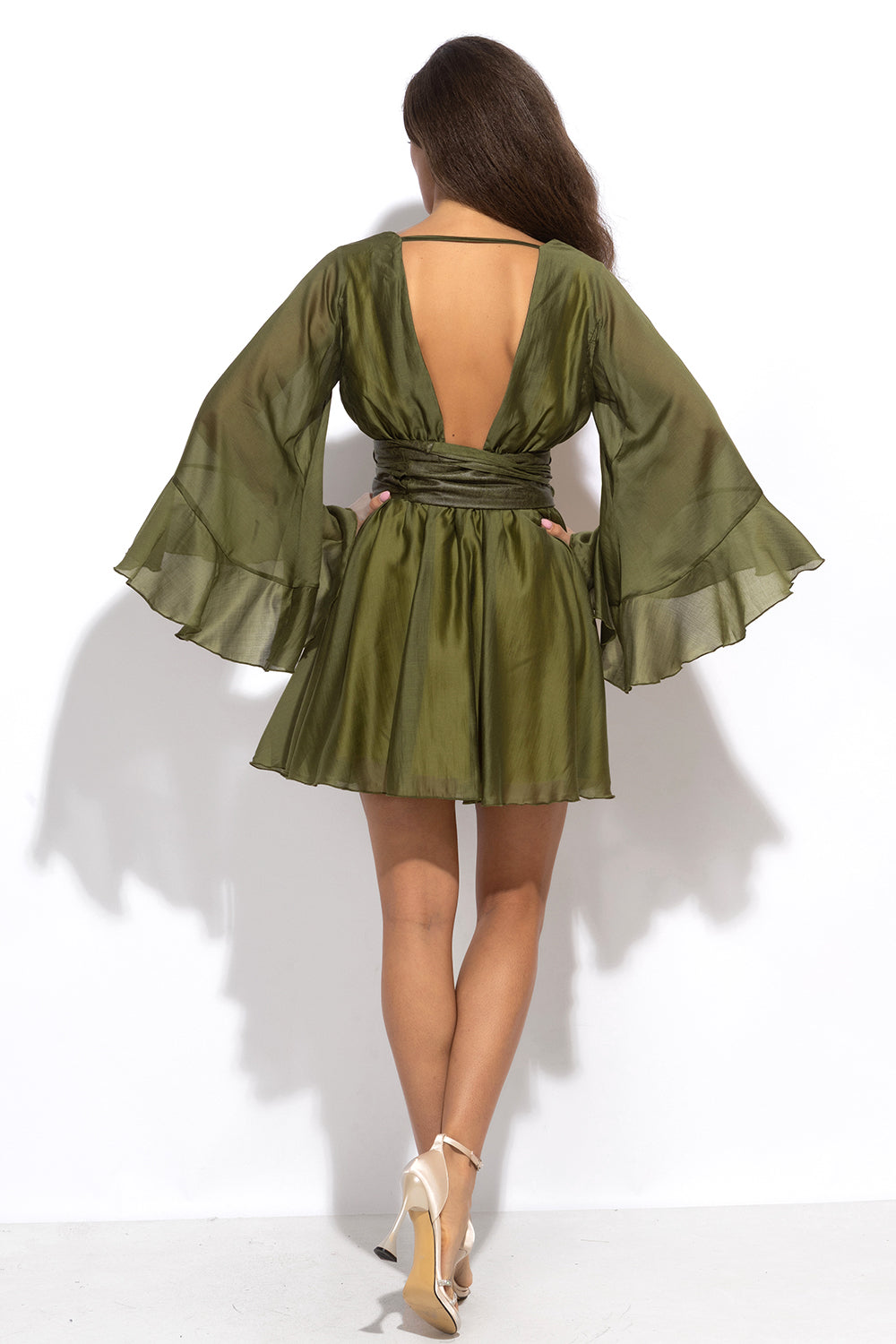 SHORT TENCEL DRESS WITH WIDE SLEEVES IN OLIVE GREEN - ESSENTIALS