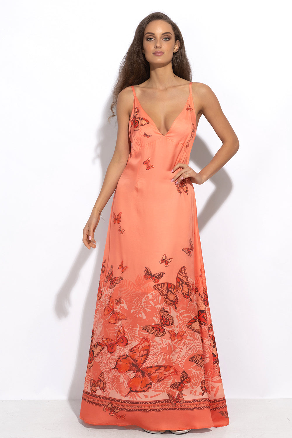 VISCOSE SLIP DRESS WITH OPEN BACK AND THIN STRAPS - PAPAYA BUTTERFLIES