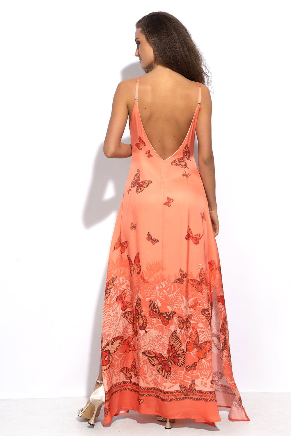VISCOSE SLIP DRESS WITH OPEN BACK AND THIN STRAPS - PAPAYA BUTTERFLIES