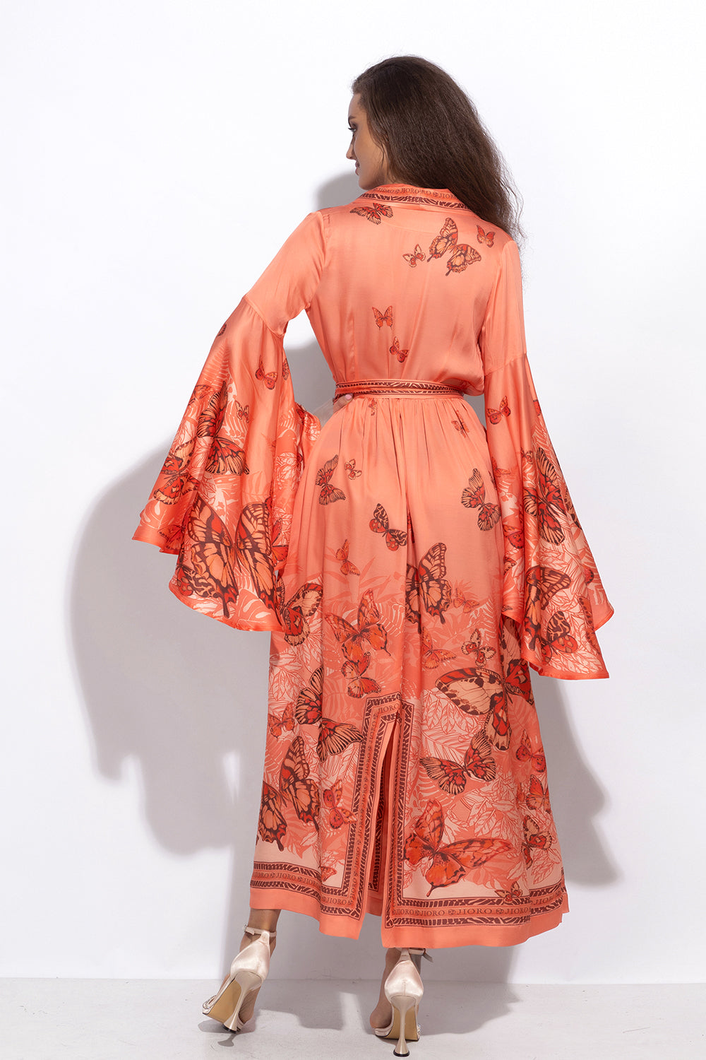 VISCOSE KIMONO WITH DRAPED BACK AND SHAWL COLLAR - PAPAYA BUTTERFLIES