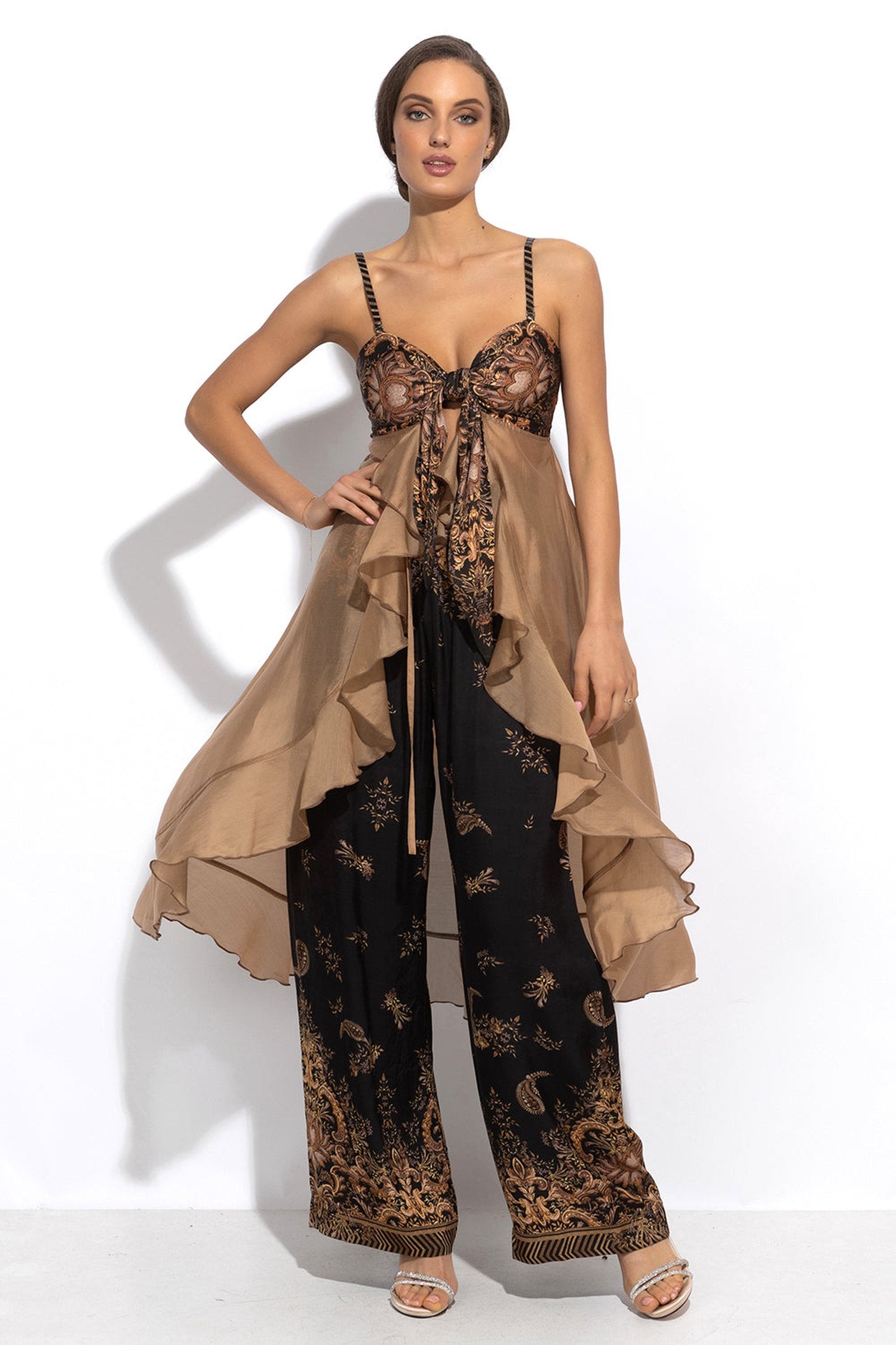 LYOCELl AND VISCOSE LONG RUFFLED TUNIC - GOLDEN STRIPES