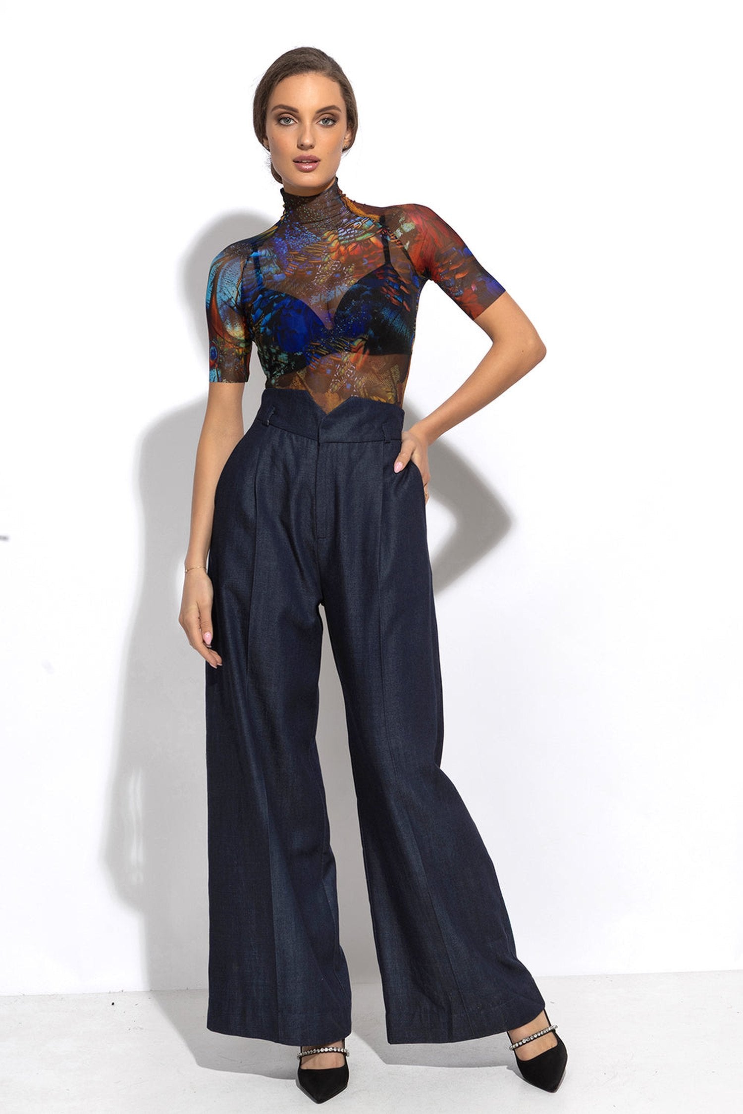 TENCEL DENIM PANTS WITH HIGH WAIST AND WIDE LEG - ESSENTIALS