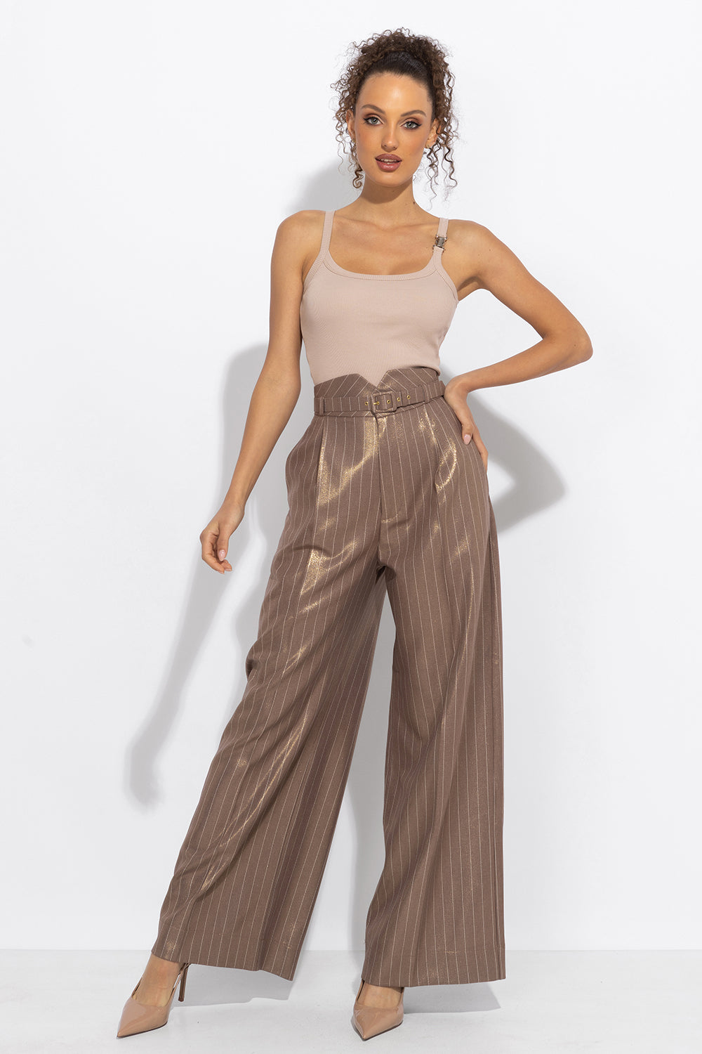 STRIPED PANTS WITH HIGH WAIST AND WIDE LEG IN BEIGE - ESSENTIALS