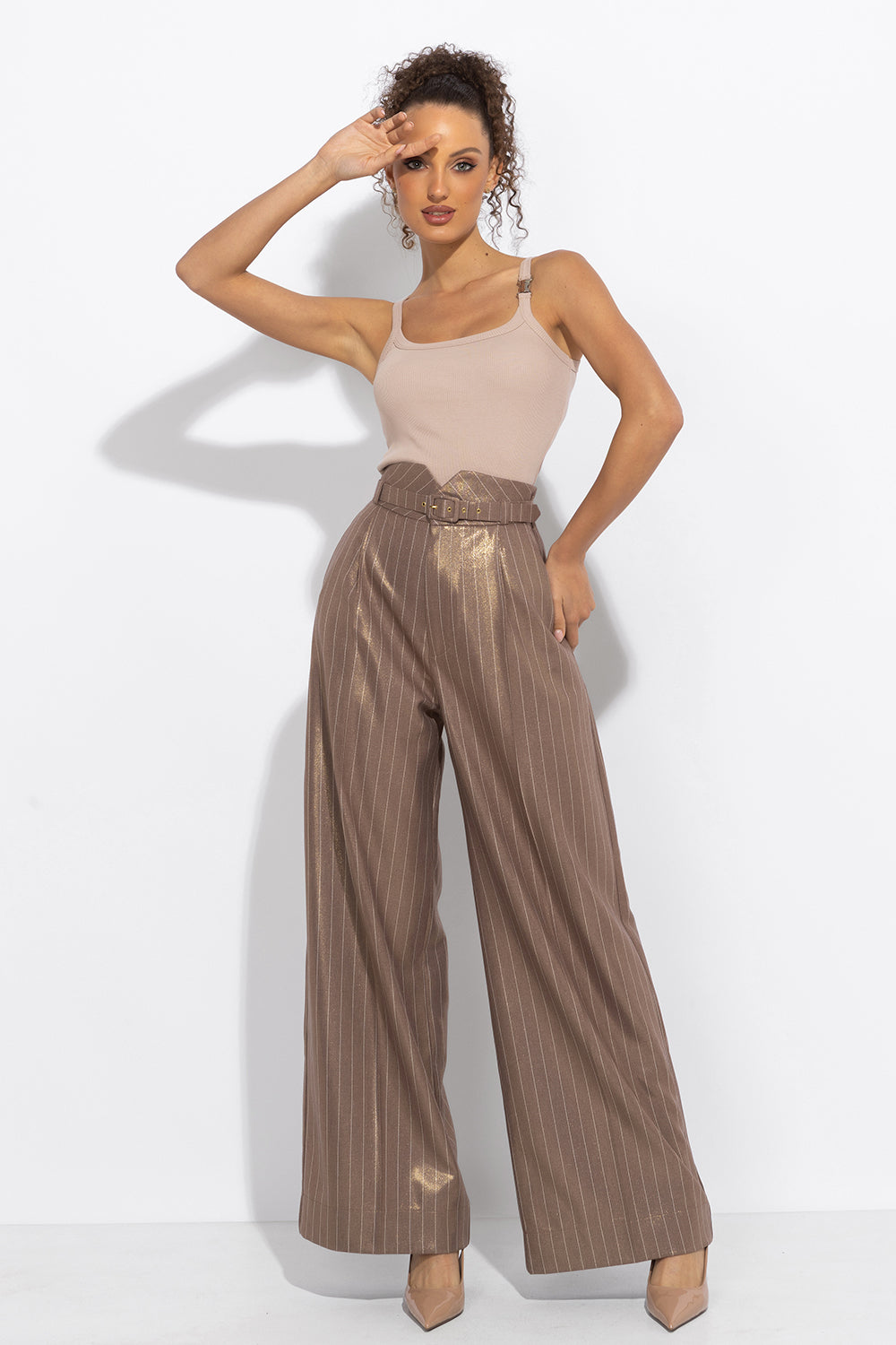 STRIPED PANTS WITH HIGH WAIST AND WIDE LEG IN BEIGE - ESSENTIALS