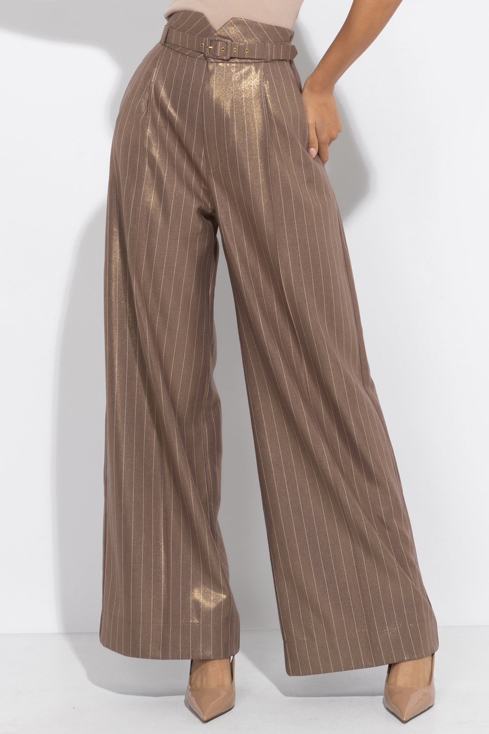 STRIPED PANTS WITH HIGH WAIST AND WIDE LEG IN BEIGE - ESSENTIALS