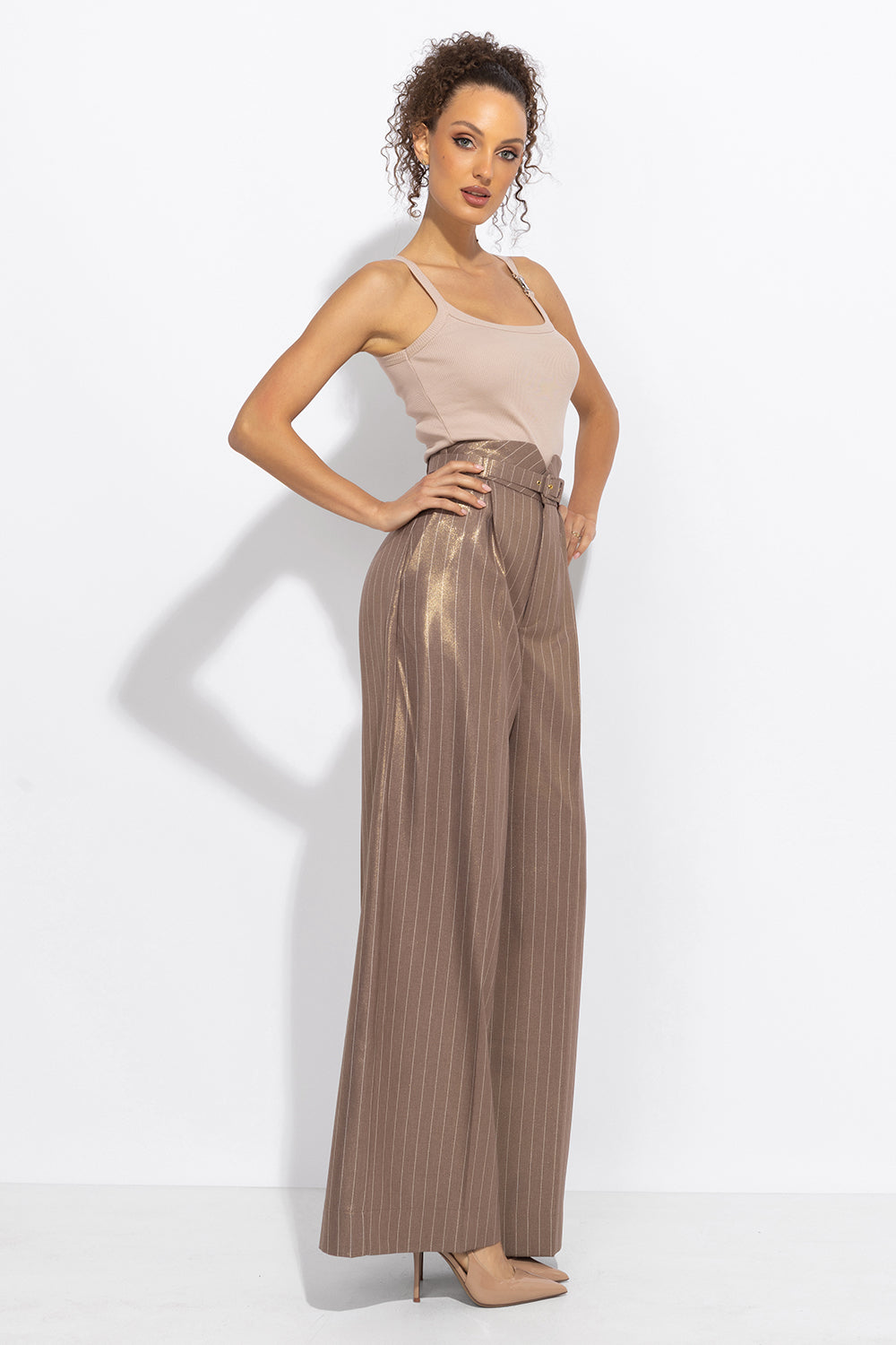 STRIPED PANTS WITH HIGH WAIST AND WIDE LEG IN BEIGE - ESSENTIALS