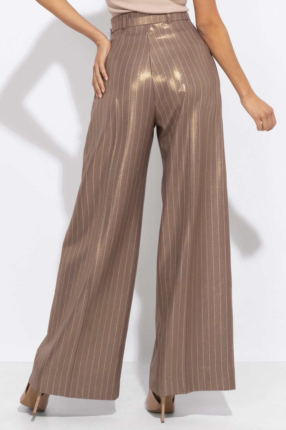 STRIPED PANTS WITH HIGH WAIST AND WIDE LEG IN BEIGE - ESSENTIALS