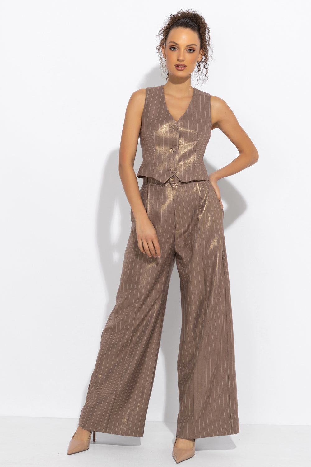 STRIPED VISCOSE BLEND VEST IN BEIGE - ESSENTIALS