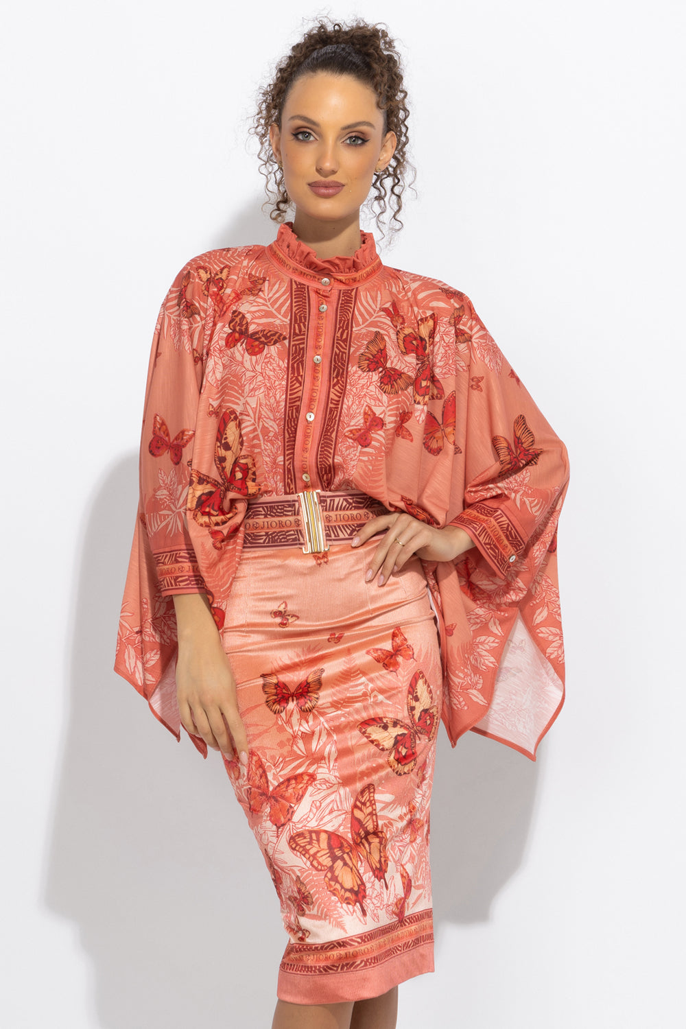 SQUARE TUNIC WITH RUFFLED COLLAR - PAPAYA BUTTERFLIES JIORO ПРАВОЪГЪЛНА ТУНИКА С ЯКА С НАБОРИ - PAPAYA BUTTERFLIES JIORO