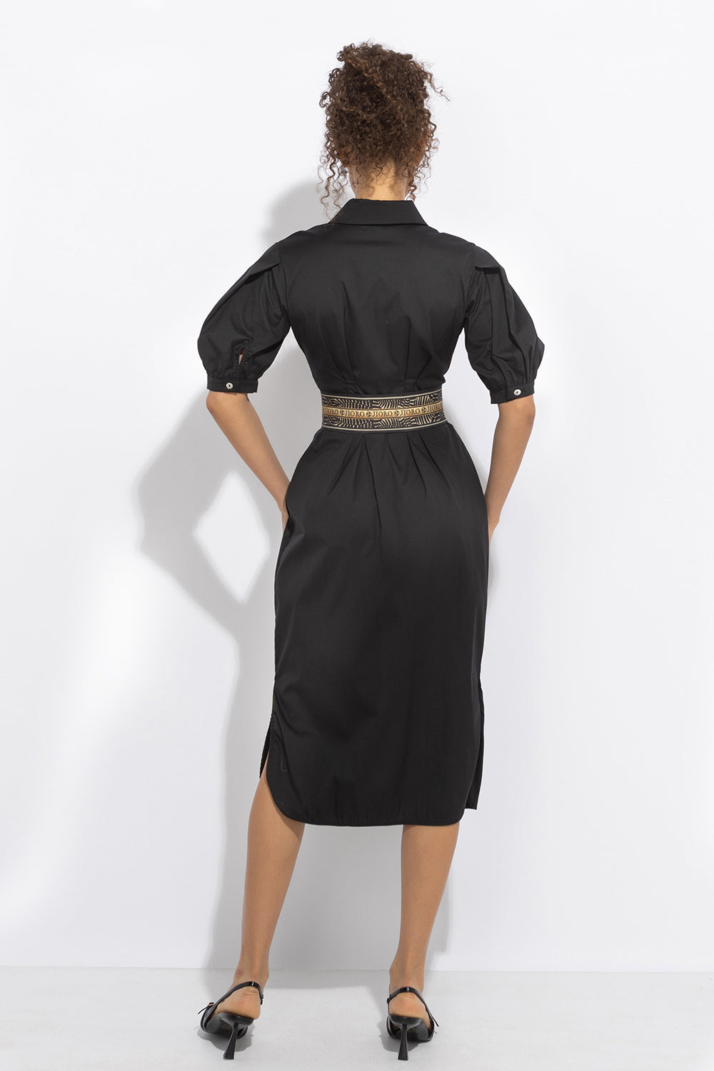 BLACK SHIRT COTTON POPLIN DRESS WITH OVAL HEM - ESSENTIALS JIORO ЧЕРНА РОКЛЯ ТИП РИЗА ОТ ПАМУЧЕН ПОПЛИН С ОВАЛЕН ПОДГЪВ - ESSENTIALS JIORO