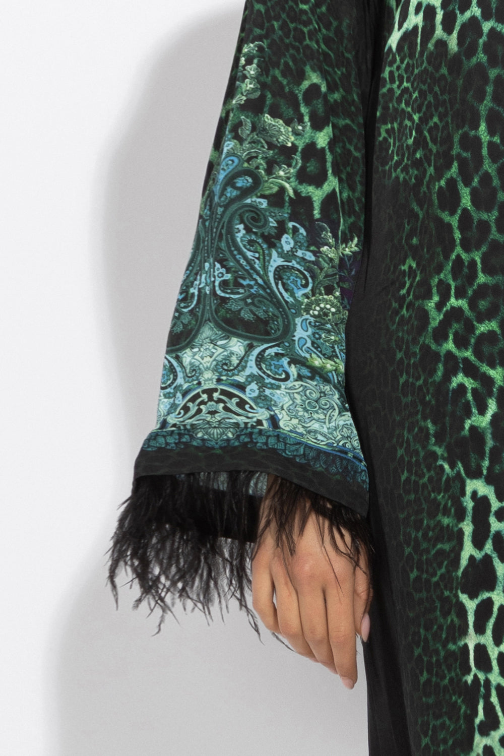 VISCOSE CAFTAN WITH FEATHERS - LEO NEON GREEN