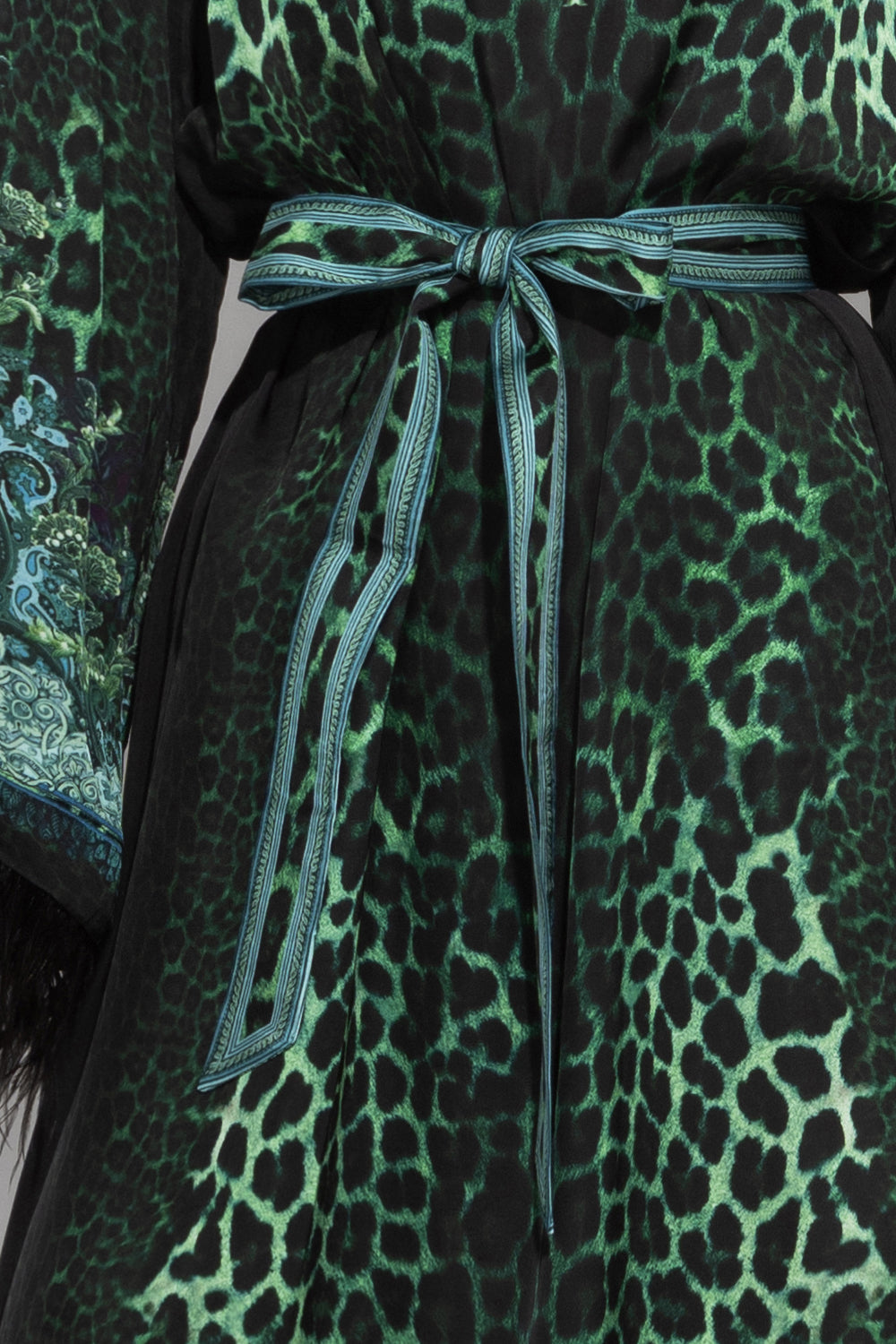 VISCOSE CAFTAN WITH FEATHERS - LEO NEON GREEN