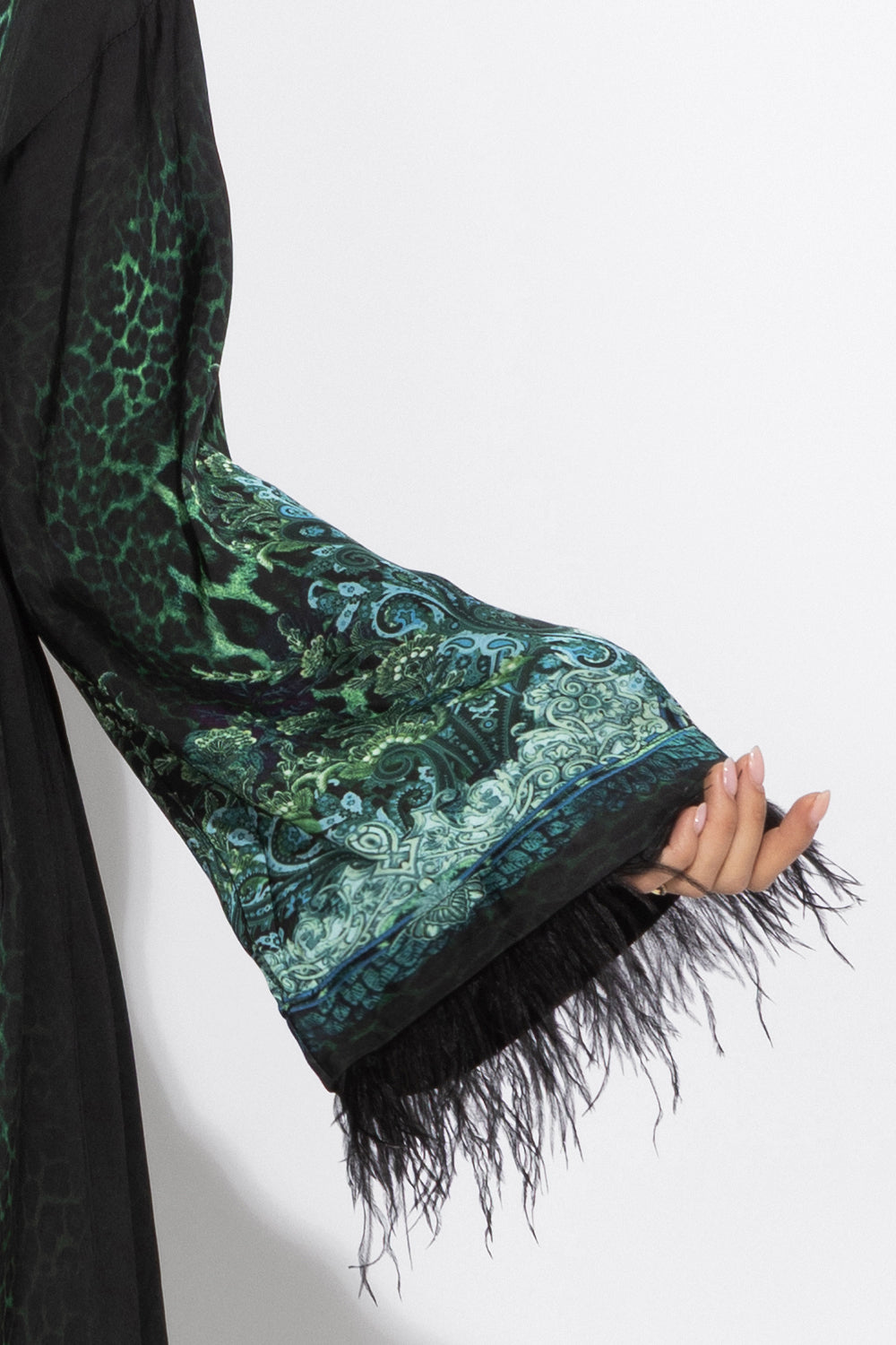 VISCOSE CAFTAN WITH FEATHERS - LEO NEON GREEN