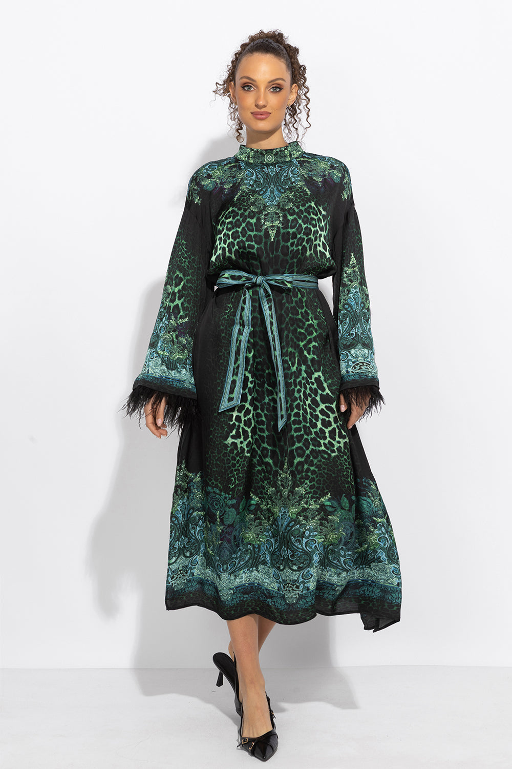 VISCOSE CAFTAN WITH FEATHERS - LEO NEON GREEN