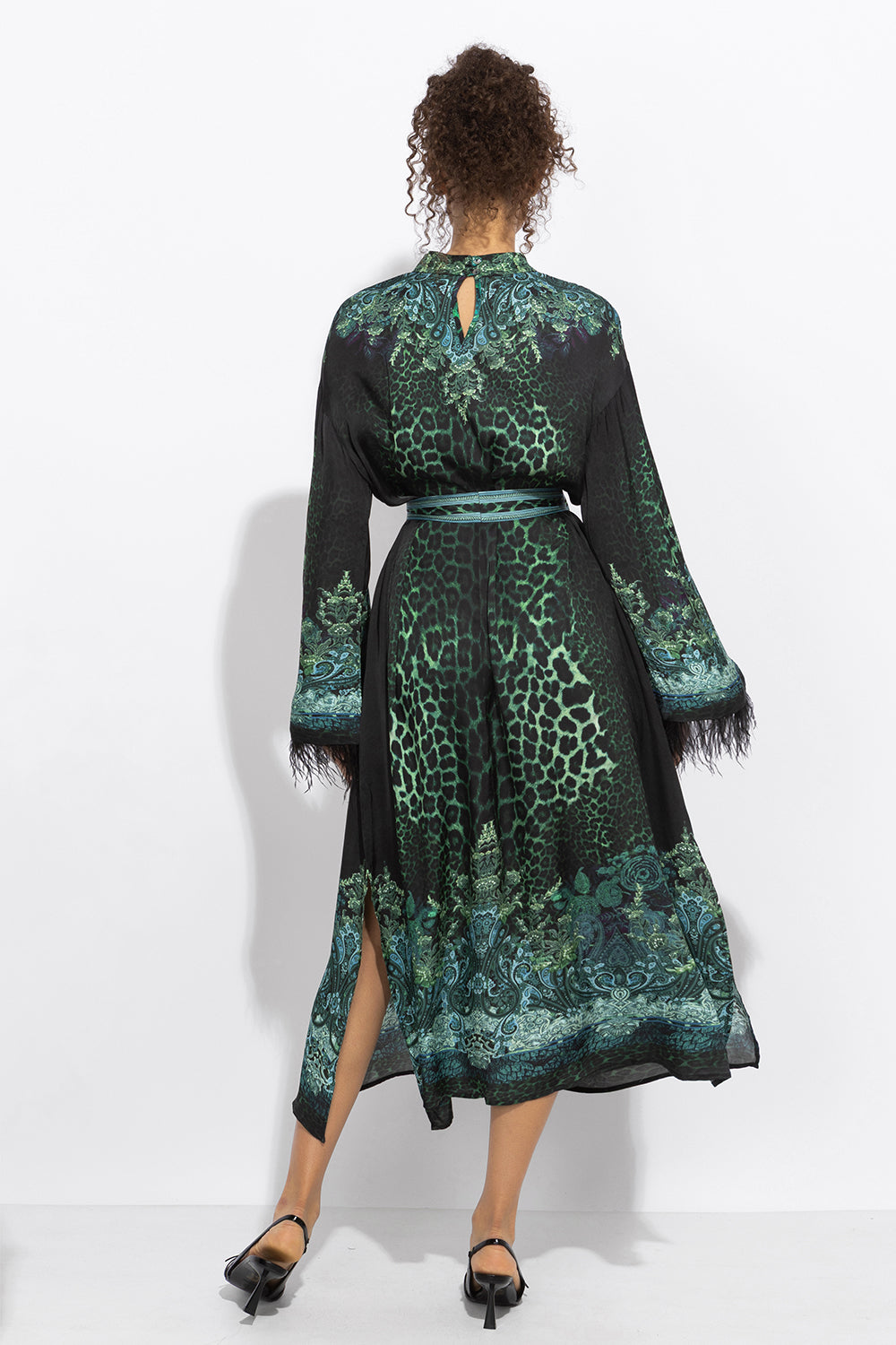 VISCOSE CAFTAN WITH FEATHERS - LEO NEON GREEN