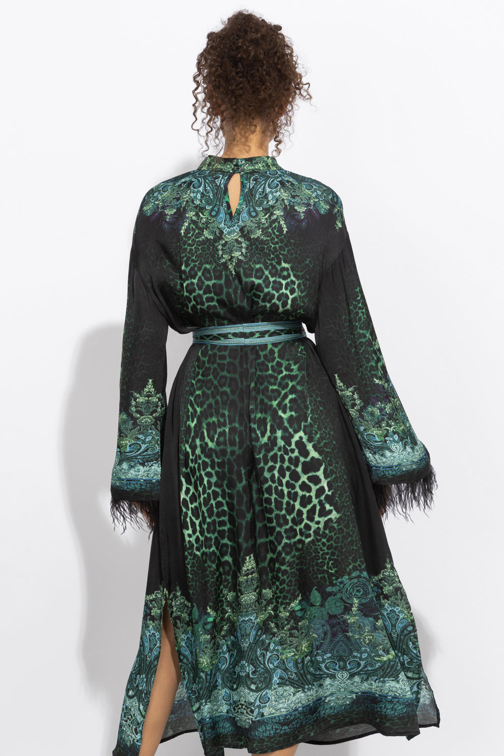 VISCOSE CAFTAN WITH FEATHERS - LEO NEON GREEN JIORO КАФТАН ОТ ВИСКОЗА С ПЕРА - LEO NEON GREEN JIORO