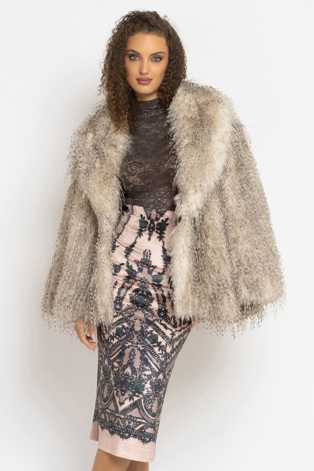 OVERSIZED FAUX FUR COAT WITH LARGE SHAWL COLLAR AND BELT IN LUNGO OWL COLOR - ESSENTIALS