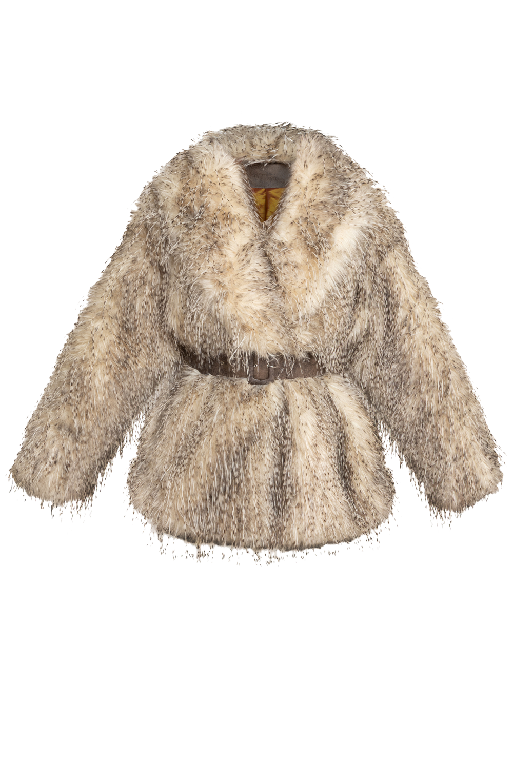 OVERSIZED FAUX FUR COAT WITH LARGE SHAWL COLLAR AND BELT IN LUNGO OWL COLOR - ESSENTIALS
