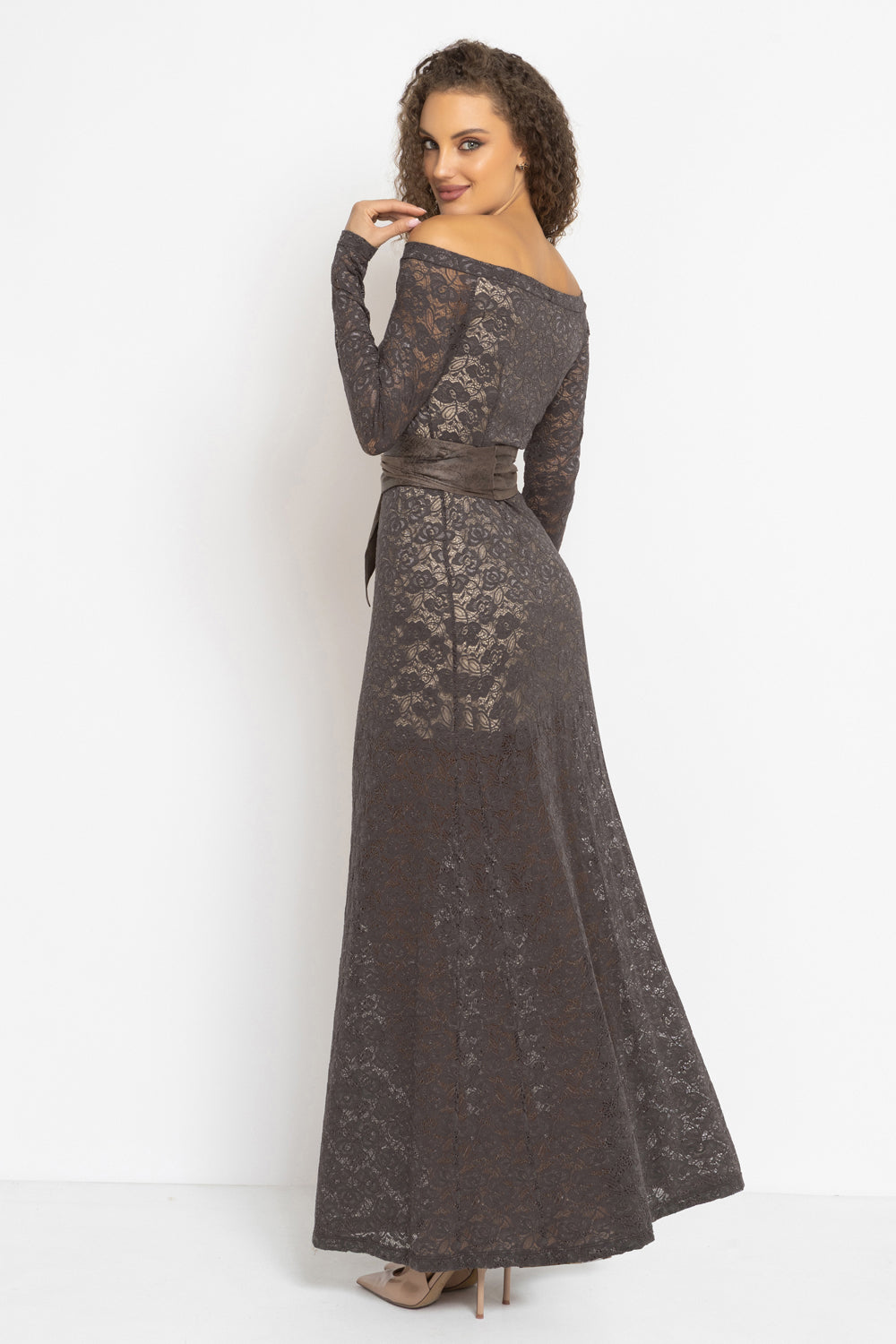 LONG A-LINE LACE DRESS WITH BOAT NECKLINE IN MOCHA - ESSENTIALS JIORO ΠΠͺΠΠΠ ΠΠΠΠ’ΠΠΠΠΠ Π ΠΠΠΠ― Π ΠΠΠΠ - ESSENTIALS JIORO
