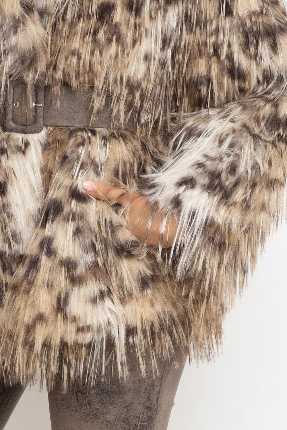 OVERSIZED FAUX FUR COAT WITH LARGE SHAWL COLLAR IN SERVAL PRINT AND BELT - ESSENTIALS