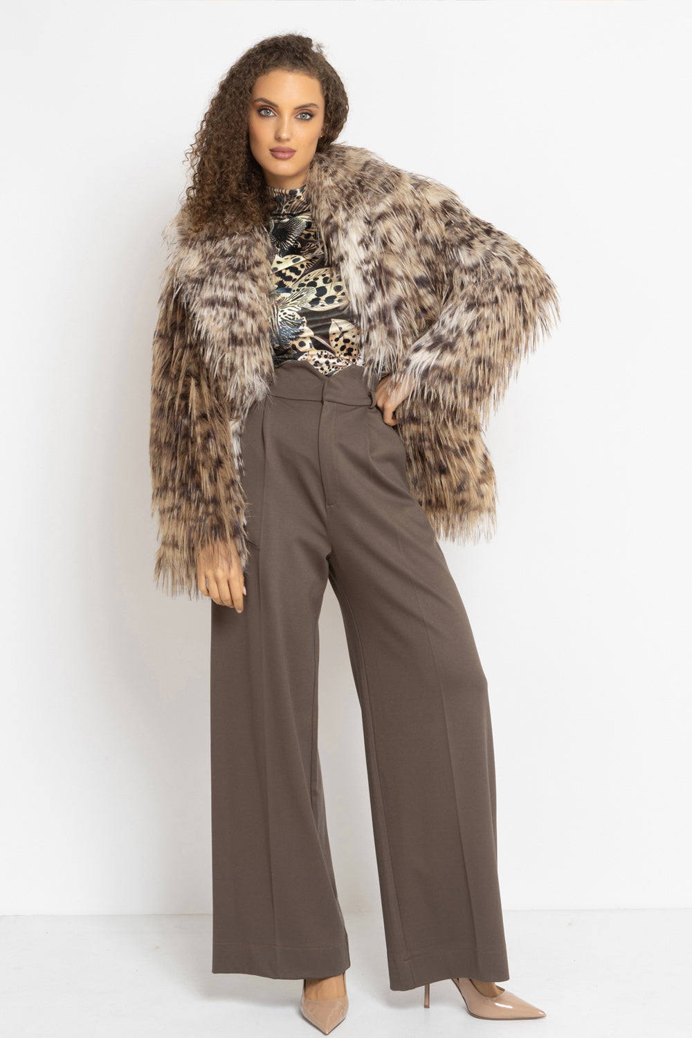 OVERSIZED FAUX FUR COAT WITH LARGE SHAWL COLLAR IN SERVAL PRINT AND BELT - ESSENTIALS
