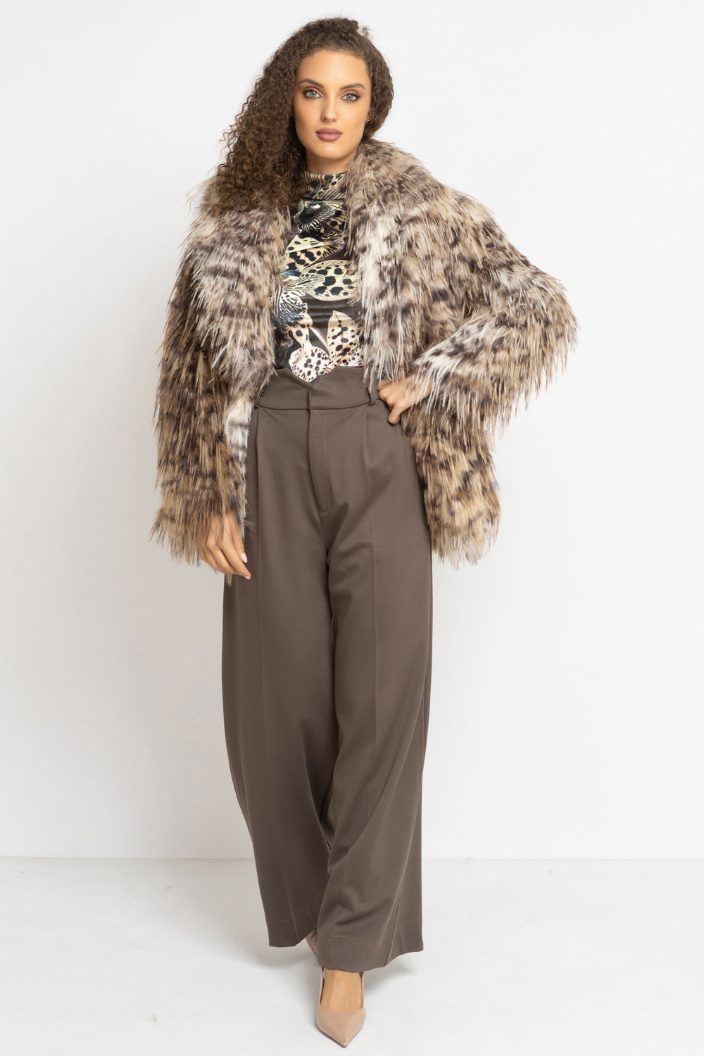 OVERSIZED FAUX FUR COAT WITH LARGE SHAWL COLLAR IN SERVAL PRINT AND BELT - ESSENTIALS