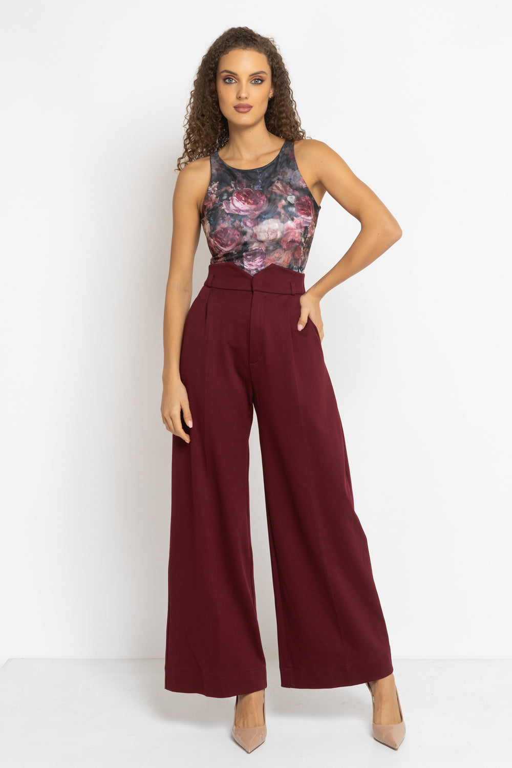 PANTALONS BORDEAUX ESSENTIELS EN MÉLANGE DE VISCOSE TAILLE HAUTE