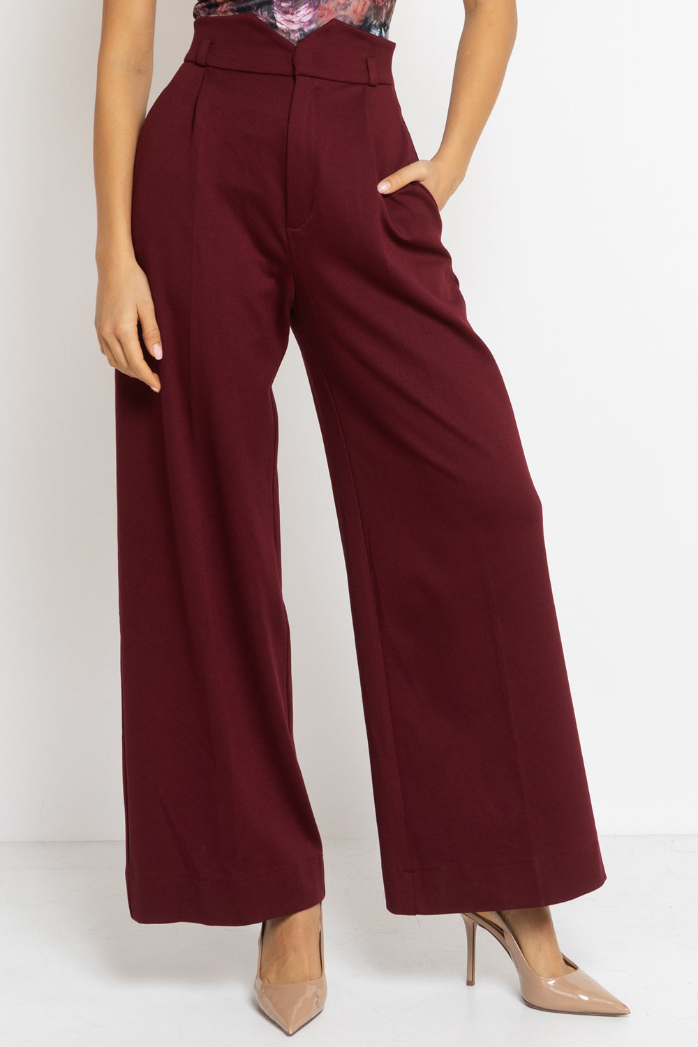 PANTALONS BORDEAUX ESSENTIELS EN MÉLANGE DE VISCOSE TAILLE HAUTE