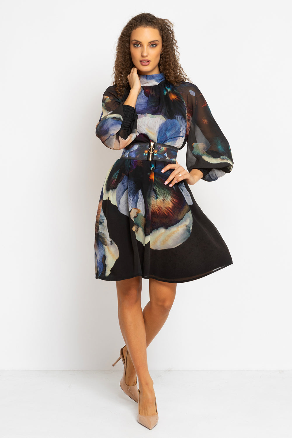 RELAXED DRESS WITH BALLOON RAGLAN SLEEVES AND BACK TIE - VIOLET