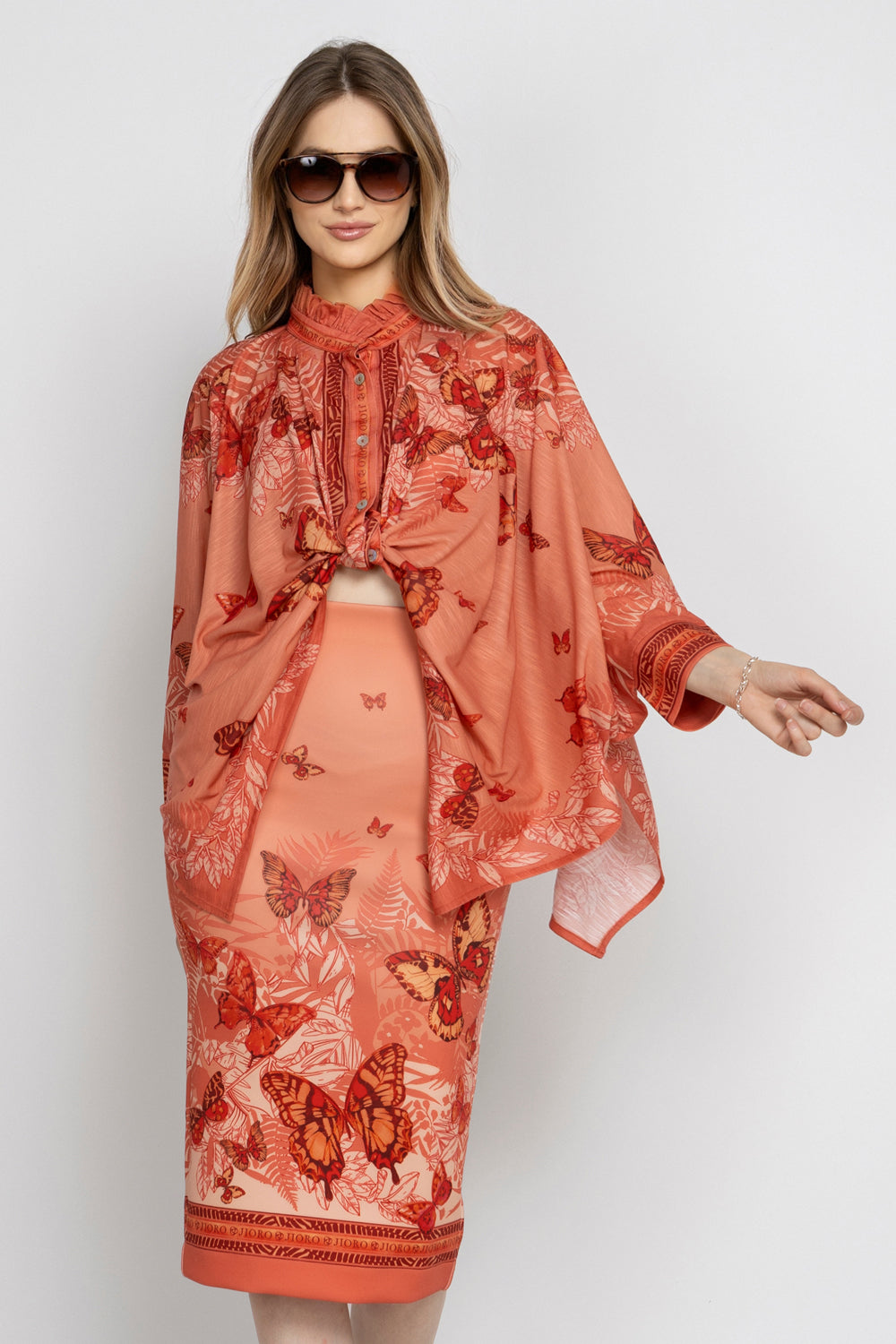 SQUARE TUNIC WITH RUFFLED COLLAR - PAPAYA BUTTERFLIES