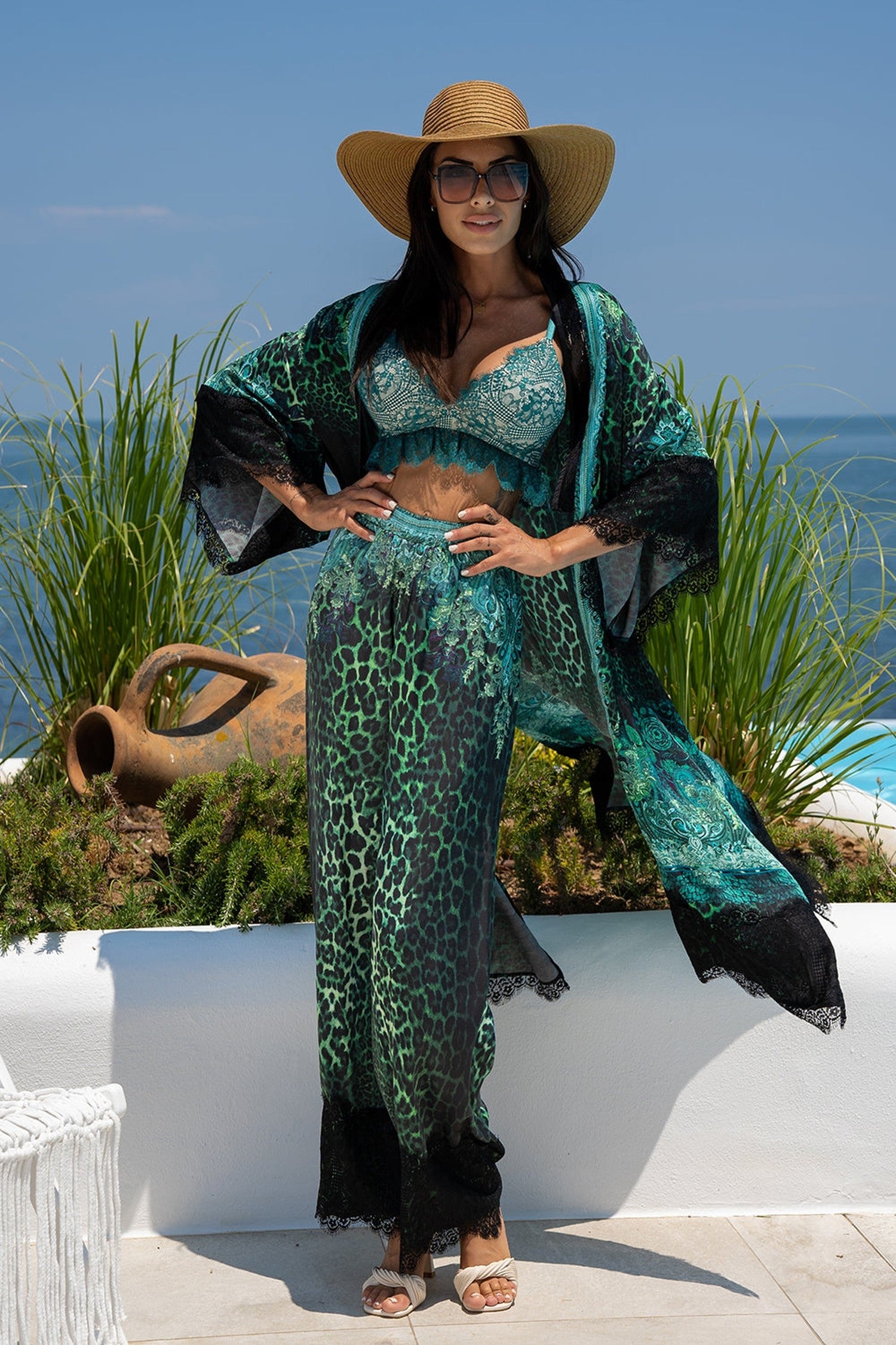 PANTALON LARGE EN VISCOSE - LEO VERT NEON