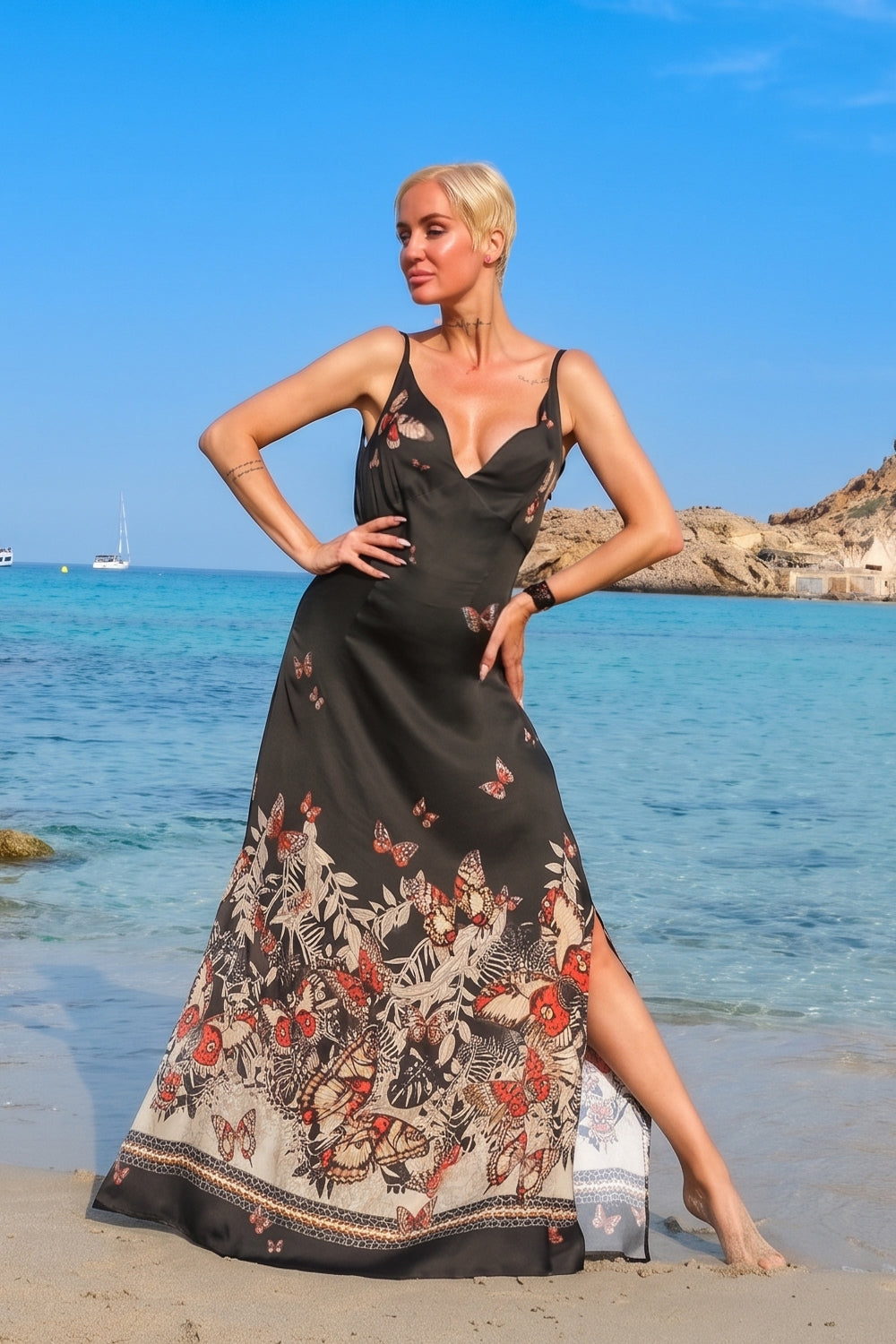 VISCOSE SLIP DRESS WITH OPEN BACK AND THIN STRAPS - MIDNIGHT BUTTERFLIES