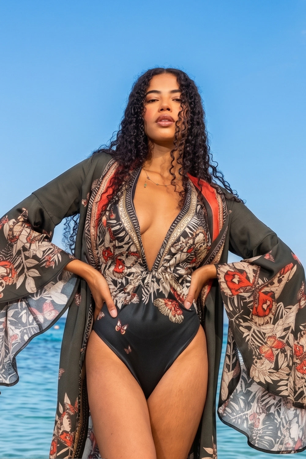 ONE-PIECE SWIMSUIT WITH CUPS AND OPEN BACK - MIDNIGHT BUTTERFLIES