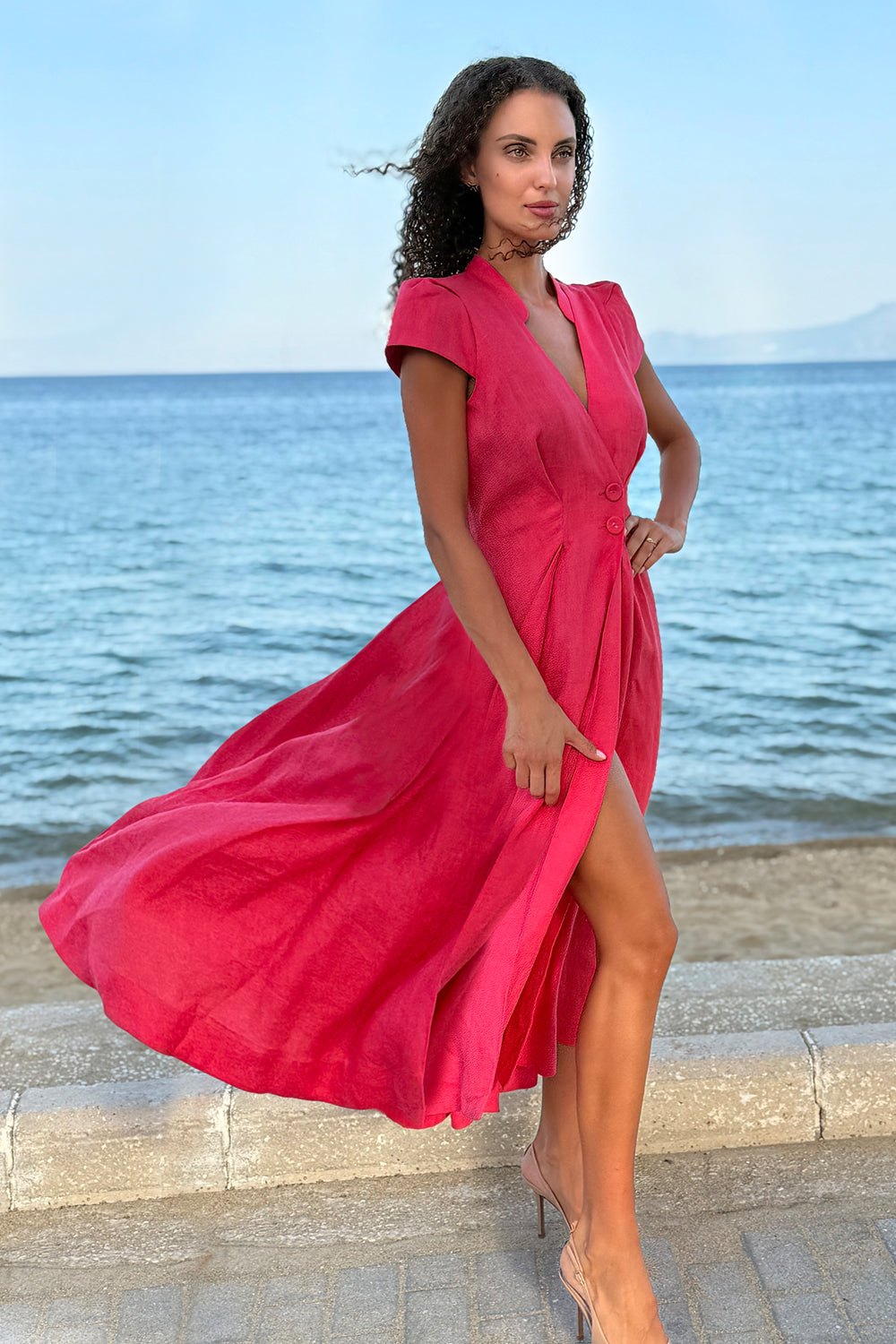 LONG FLARED LINEN DRESS IN FUCHSIA - ESSENTIALS JIORO ДЪЛГА РАЗКРОЕНА РОКЛЯ ОТ ЛЕН В ЦВЯТ ФУКСИЯ – ESSENTIALS JIORO